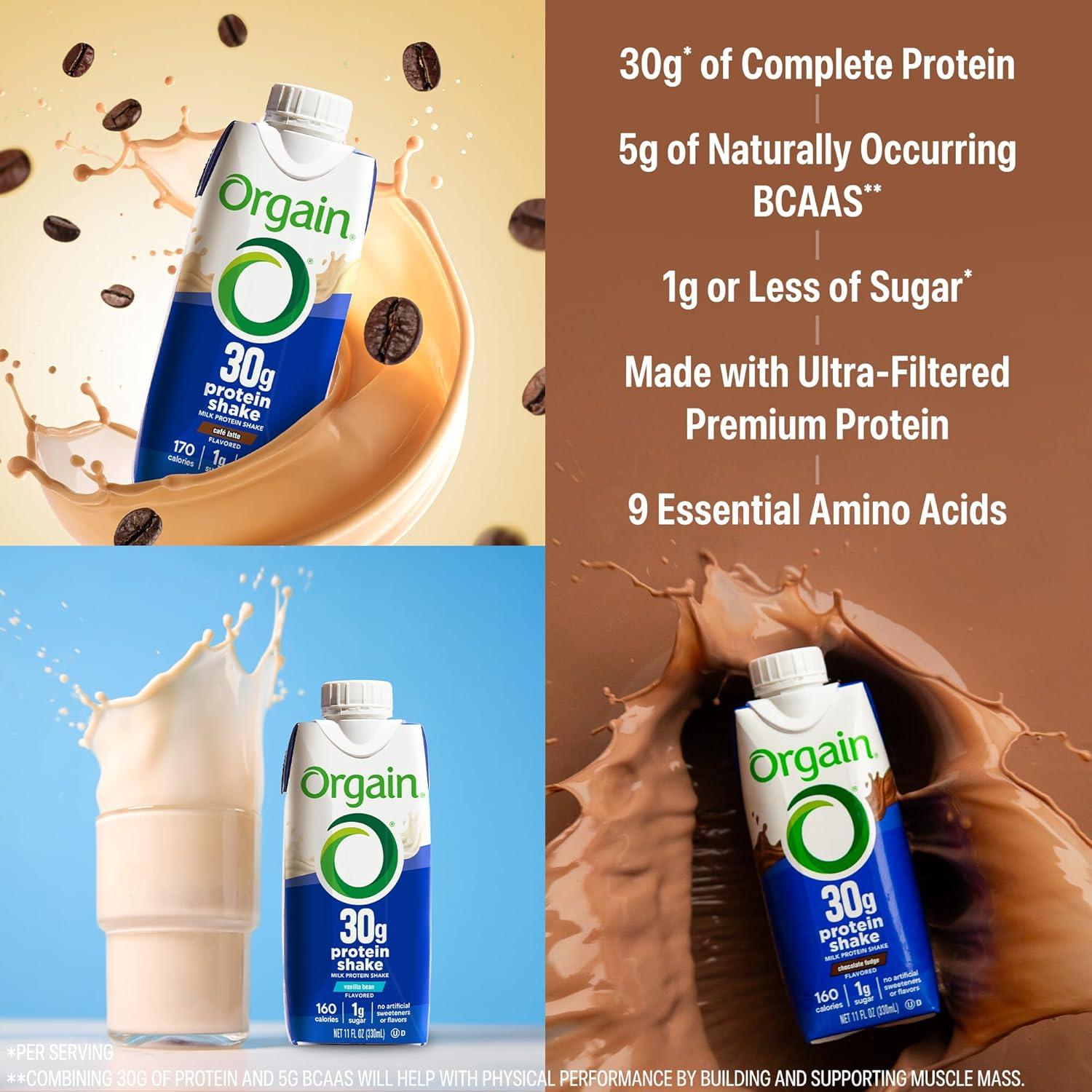 image:imageOrgain 30g High Protein Shake Variety Pack Dairy Isolate Milk Protein 5g BCAAs 1g Sugar Per Serving Caffeine Meal Replacement Ready to Drink Chocolate Vanilla Caf Latte 11 Fl Oz 12 Pack