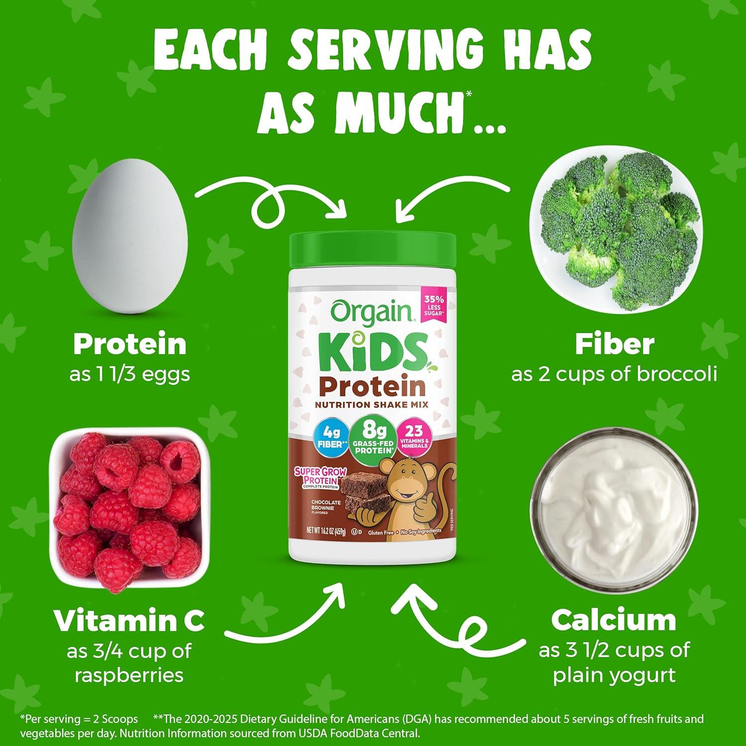 image:imageOrgain Kids Protein Powder Shake Mix Chocolate Brownie 8g GrassFed Dairy Protein 4g Fiber 23 Vitamins amp Minerals Gluten Free No Soy Ingredients Adds Healthy Nutrients to Kids Snacks 1lb