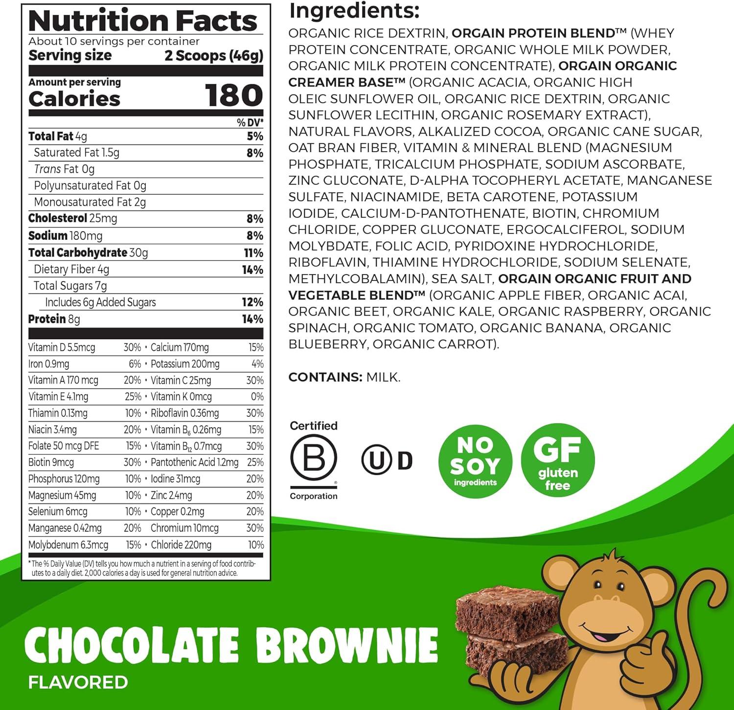 image:imageOrgain Kids Protein Powder Shake Mix Chocolate Brownie 8g GrassFed Dairy Protein 4g Fiber 23 Vitamins amp Minerals Gluten Free No Soy Ingredients Adds Healthy Nutrients to Kids Snacks 1lb