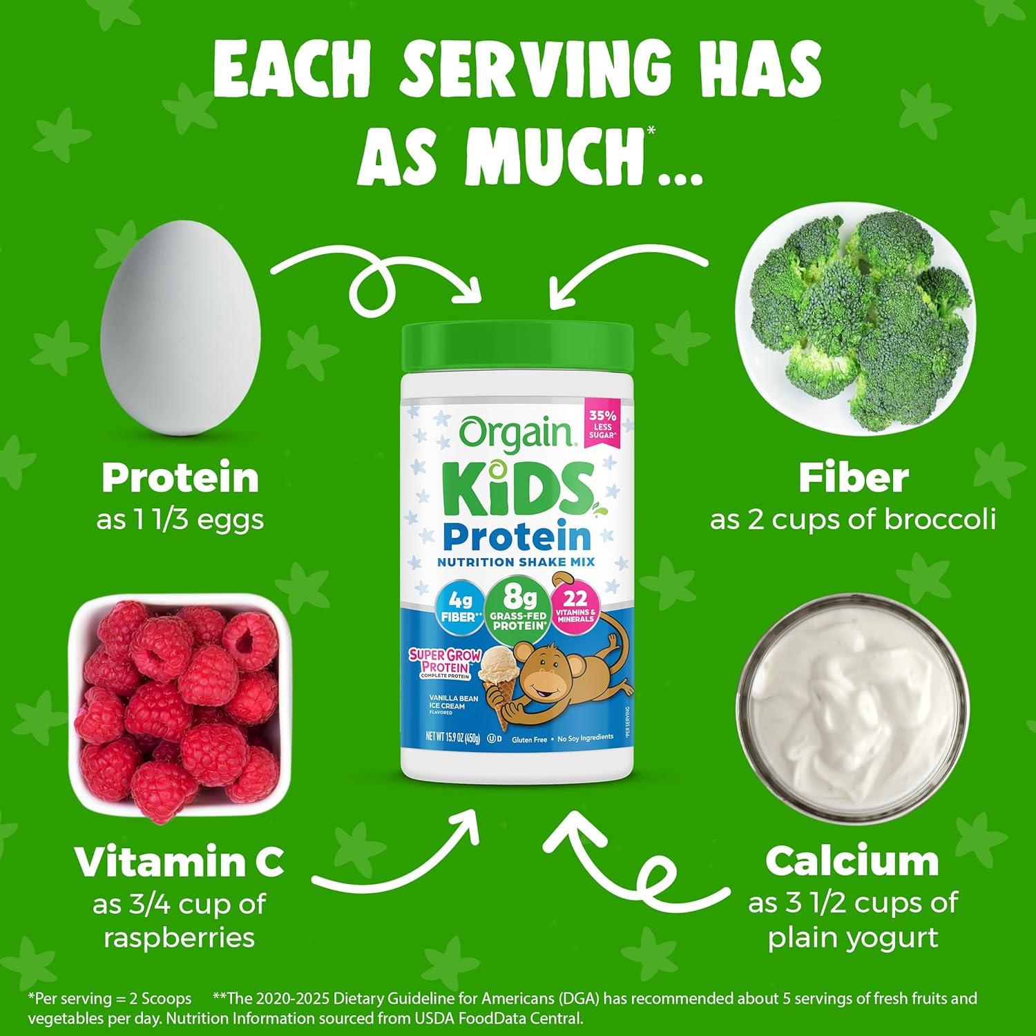 image:imageOrgain Kids Protein Powder Shake Mix Vanilla Bean Ice Cream 8g GrassFed Dairy Protein 4g Fiber 22 Vitamins amp Minerals Gluten Free No Soy Ingredients Adds Healthy Nutrients to Kids Snacks 1lb