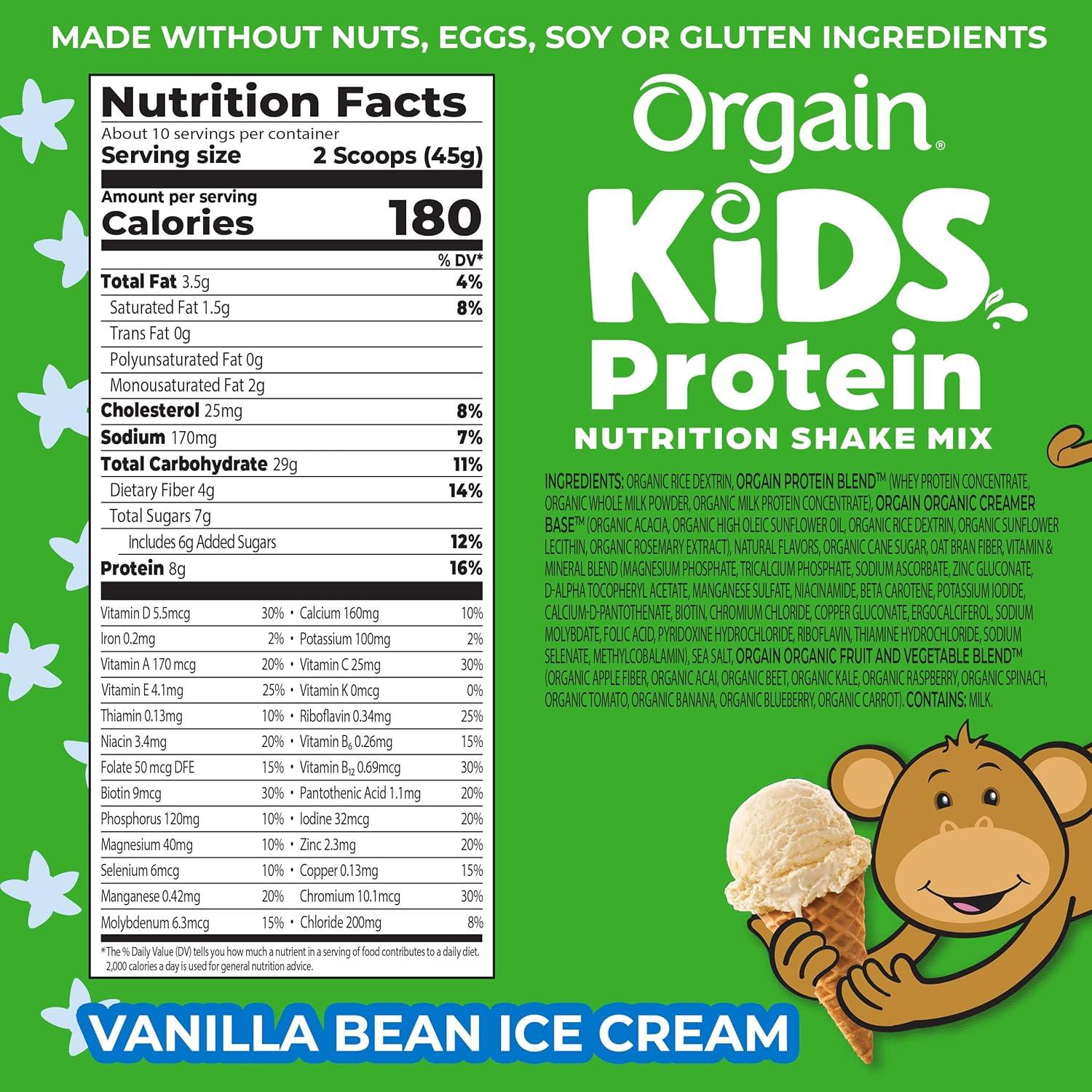 image:imageOrgain Kids Protein Powder Shake Mix Vanilla Bean Ice Cream 8g GrassFed Dairy Protein 4g Fiber 22 Vitamins amp Minerals Gluten Free No Soy Ingredients Adds Healthy Nutrients to Kids Snacks 1lb