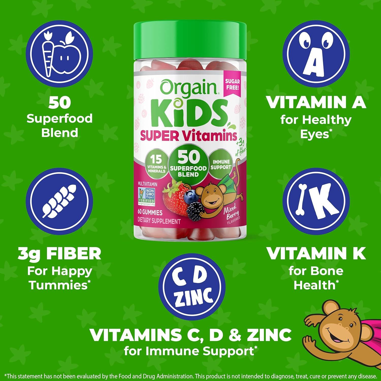 image:imageOrgain Kids Sugar Free Multivitamin Gummies Vegan amp Plant Based 50 Superfoods 15 Vitamins and Minerals Immune Support and 3g of Fiber Mixed Berry Ages 4 1 Month Supply 60 Gummies1 Count Pack of 1
