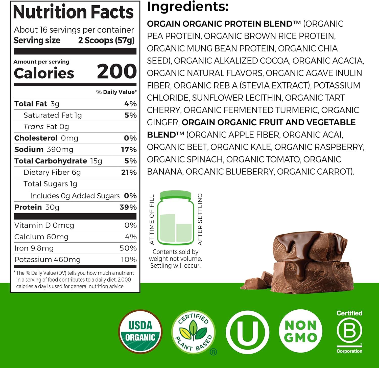 image:imageOrgain Organic 30g Vegan Protein Powder Chocolate 9g EAAs BCAAs Plant Protein 6g Prebiotic Fiber 1g Sugar PreWorkout Muscle Support Recovery 201lb Packaging May VaryChocolate