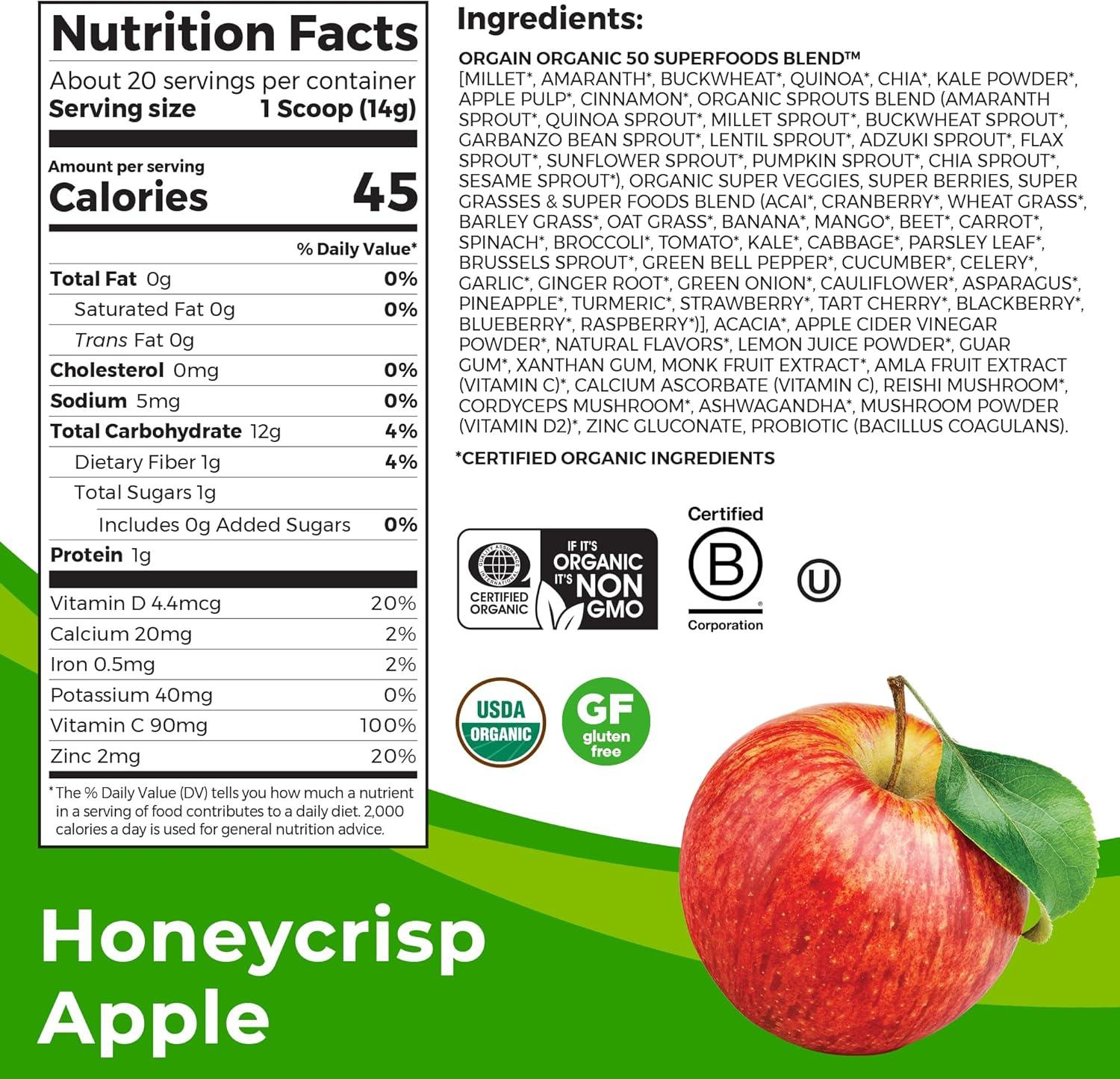 image:imageOrgain Organic Greens 50 Superfoods Immunity Up Powder Honeycrisp Apple Immune Support Probiotics Vitamin C D amp Zinc Apple Cider Vinegar Ashwagandha Cordyceps amp Reishi Mushrooms 062lbHoneycrisp Apple