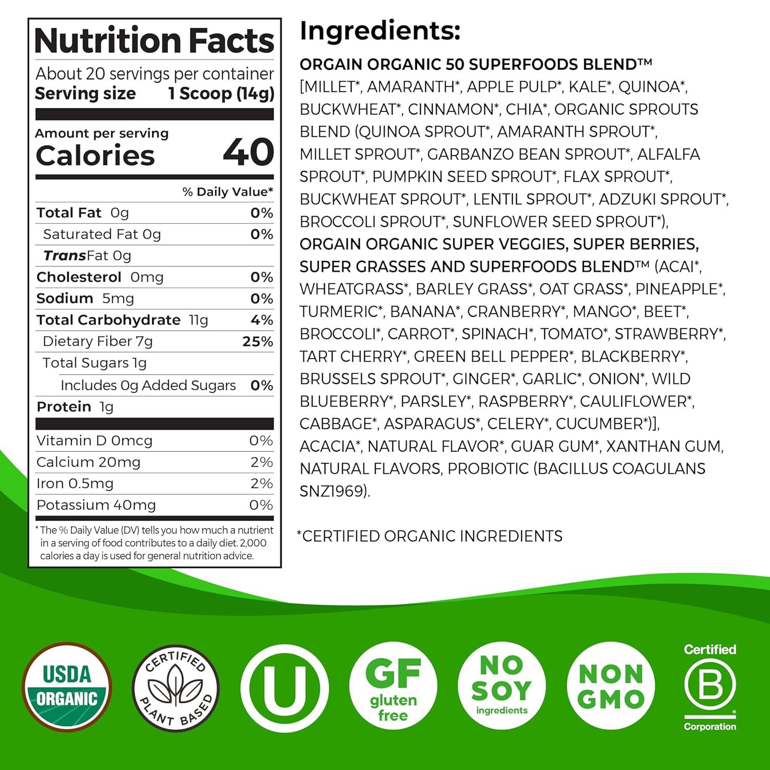 image:imageOrgain Organic Greens Powder 50 Superfoods Berry 1 Billion Probiotics for Digestive Health Antioxidants Vegan PlantBased GlutenFree NonGMO Green Juice amp Smoothie Drink Mix 062lbOriginal