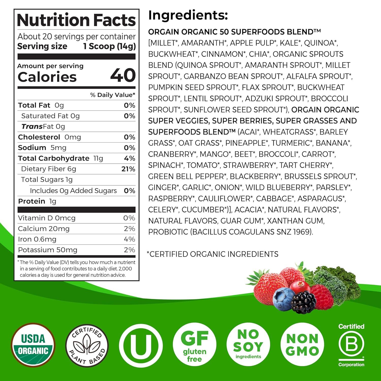 image:imageOrgain Organic Greens Powder 50 Superfoods Berry 1 Billion Probiotics for Digestive Health Antioxidants Vegan PlantBased GlutenFree NonGMO Green Juice amp Smoothie Drink Mix 062lbBerry