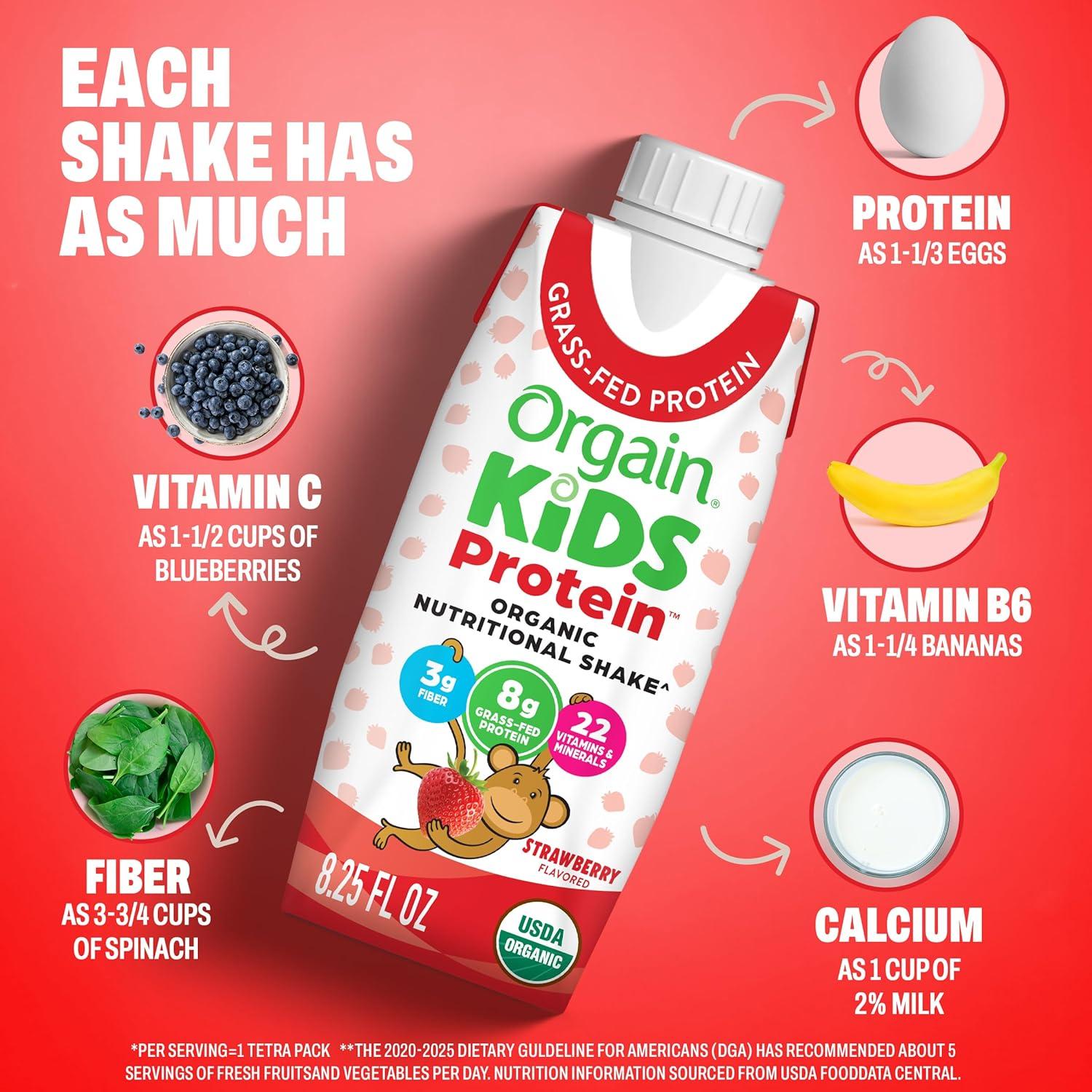 image:imageOrgain Organic Kids Nutritional Protein Shake Chocolate Healthy Kids Snacks 8g Dairy Protein 3g Fiber 22 Vitamins amp Minerals No Soy Ingredients Gluten Free NonGMO 825 Fl Oz Pack of 12Strawberry