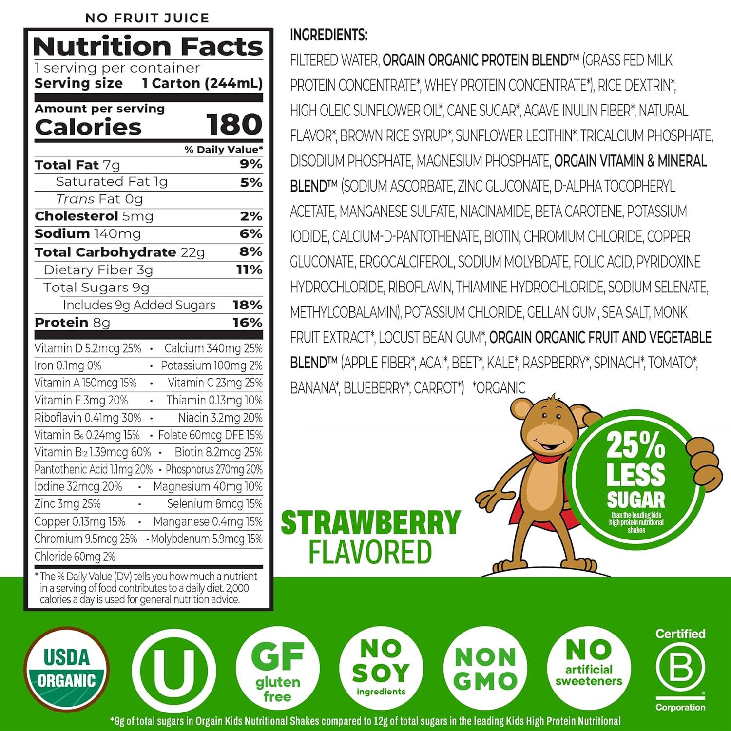 image:imageOrgain Organic Kids Nutritional Protein Shake Chocolate Healthy Kids Snacks 8g Dairy Protein 3g Fiber 22 Vitamins amp Minerals No Soy Ingredients Gluten Free NonGMO 825 Fl Oz Pack of 12Strawberry
