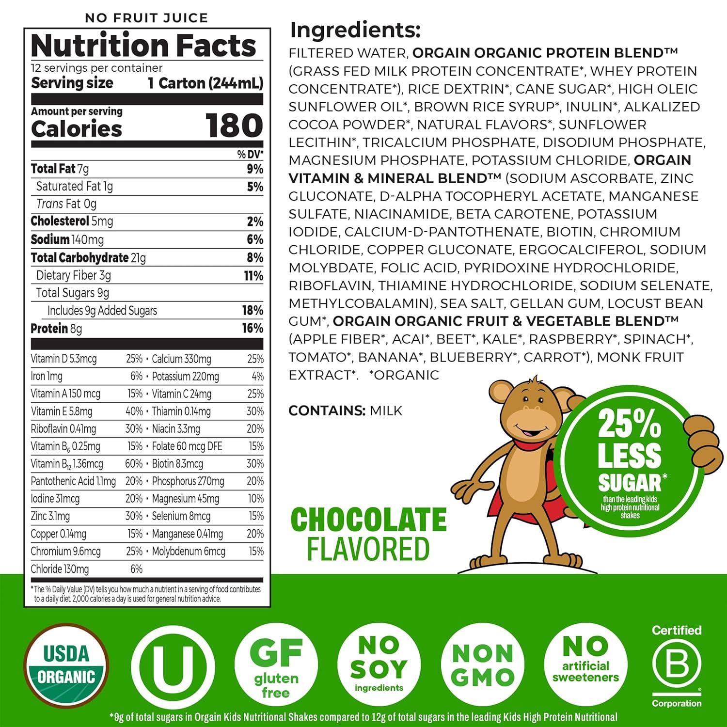 image:imageOrgain Organic Kids Nutritional Protein Shake Chocolate Healthy Kids Snacks 8g Dairy Protein 3g Fiber 22 Vitamins amp Minerals No Soy Ingredients Gluten Free NonGMO 825 Fl Oz Pack of 12Chocolate