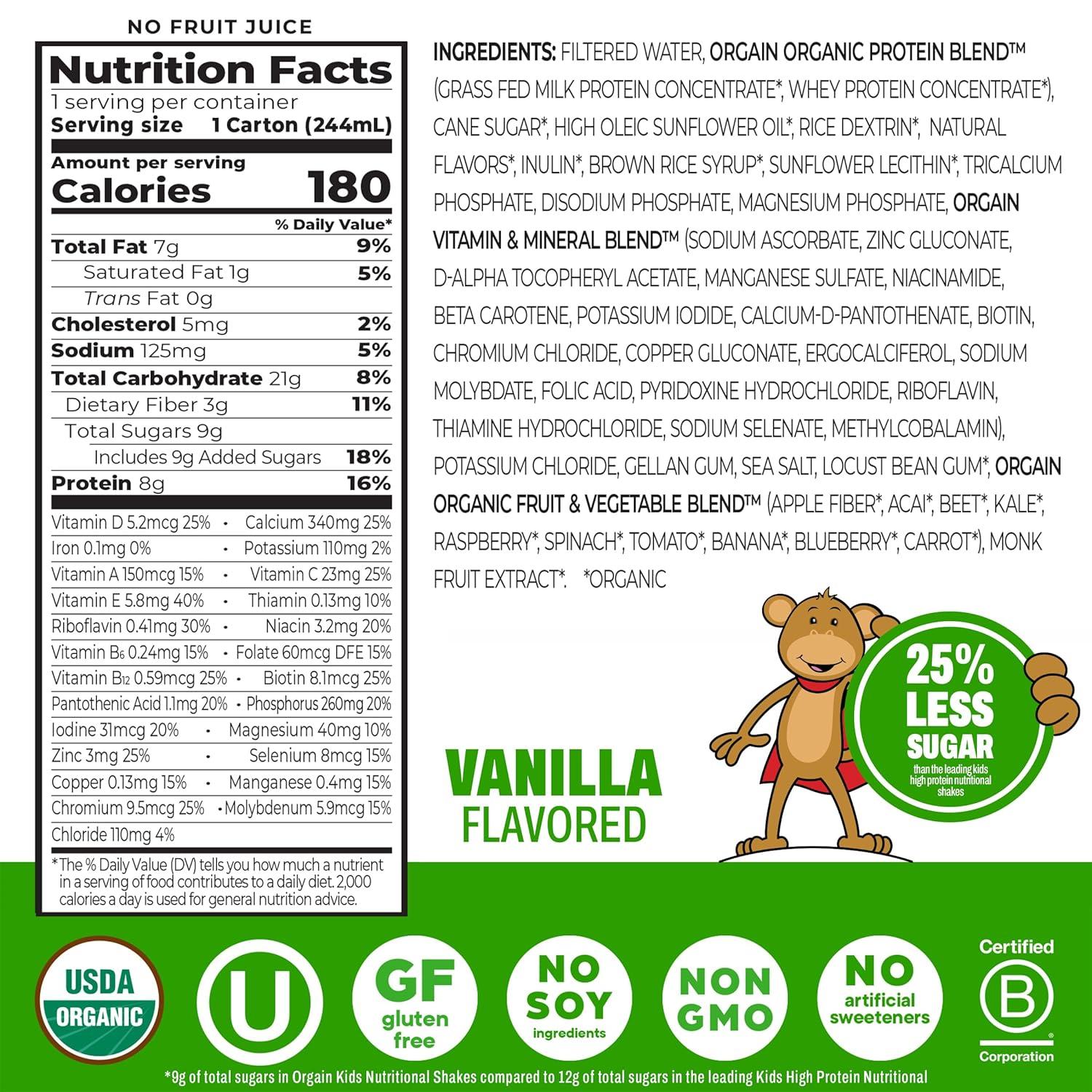 image:imageOrgain Organic Kids Nutritional Protein Shake Chocolate Healthy Kids Snacks 8g Dairy Protein 3g Fiber 22 Vitamins amp Minerals No Soy Ingredients Gluten Free NonGMO 825 Fl Oz Pack of 12Vanilla