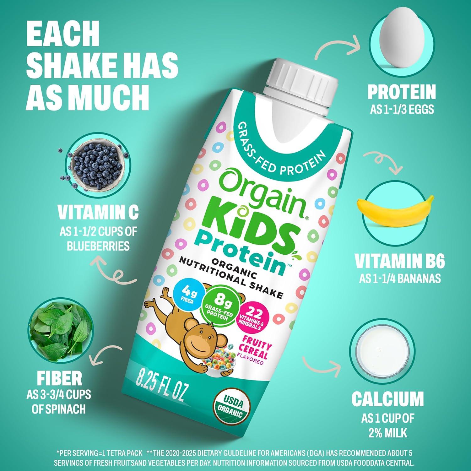 image:imageOrgain Organic Kids Nutritional Protein Shake Fruity Cereal Kids Snacks with 8g Dairy Protein 22 Vitamins amp Minerals Fruits amp Vegetables Gluten Free Soy Free NonGMO 825 Fl Oz Pack of 12