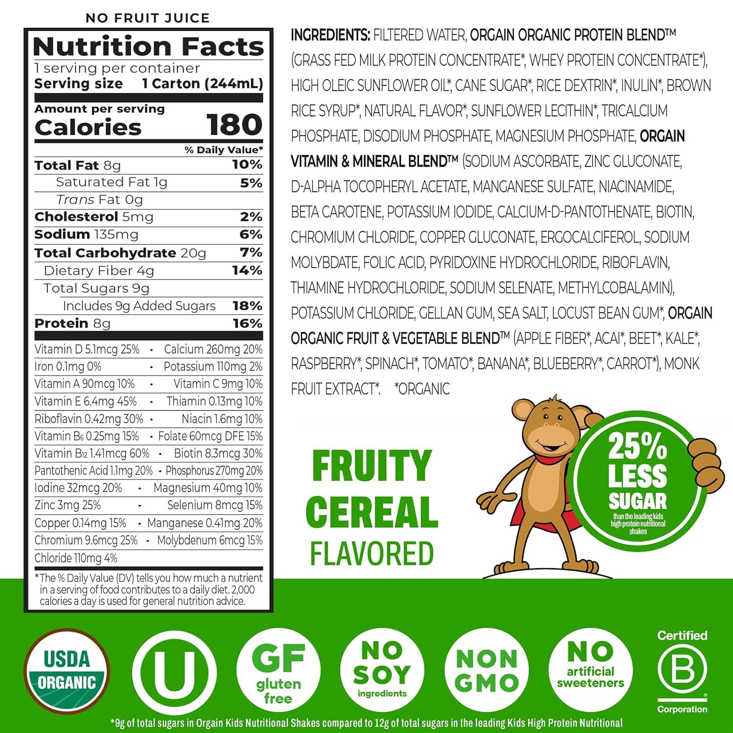 image:imageOrgain Organic Kids Nutritional Protein Shake Fruity Cereal Kids Snacks with 8g Dairy Protein 22 Vitamins amp Minerals Fruits amp Vegetables Gluten Free Soy Free NonGMO 825 Fl Oz Pack of 12