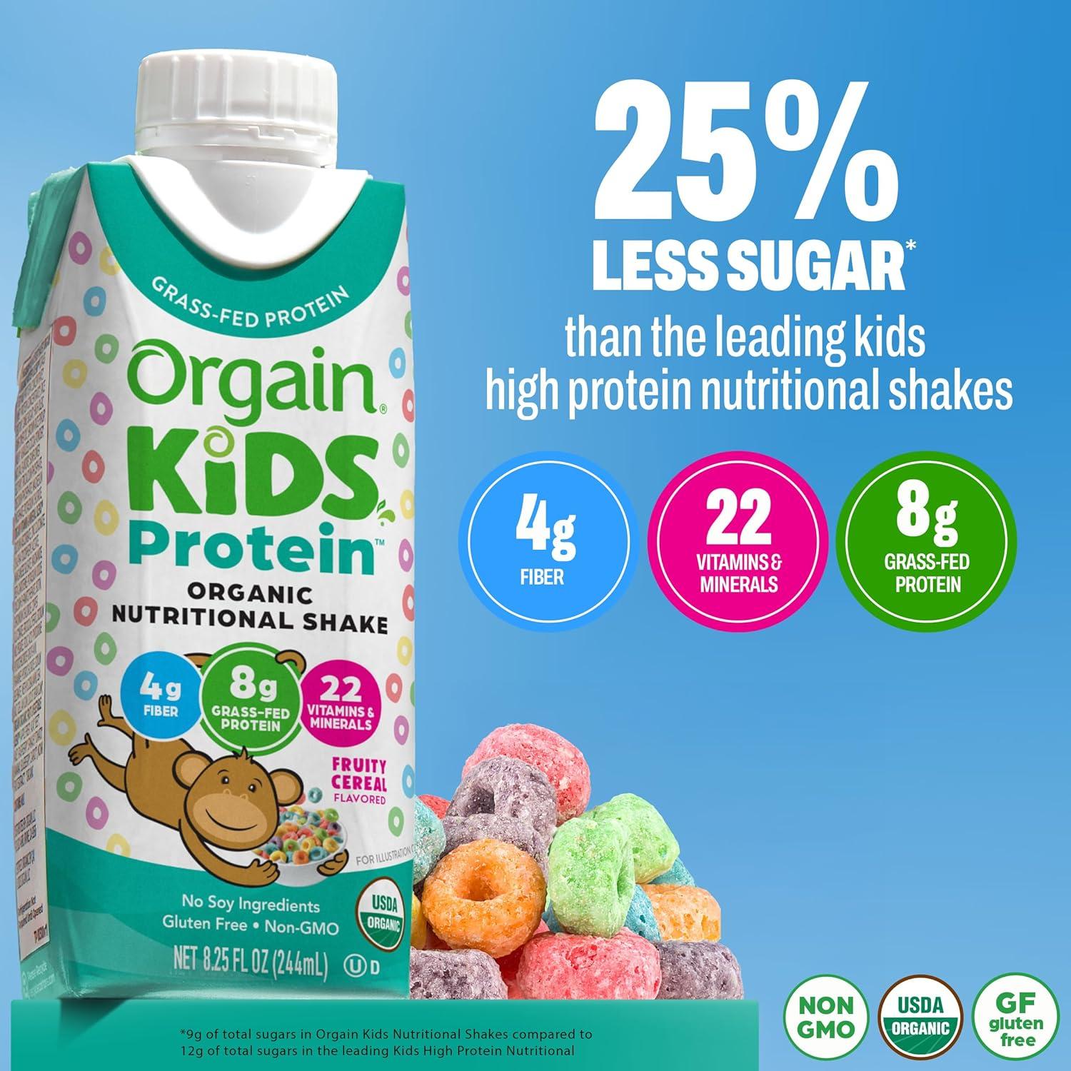 image:imageOrgain Organic Kids Nutritional Protein Shake Fruity Cereal Kids Snacks with 8g Dairy Protein 22 Vitamins amp Minerals Fruits amp Vegetables Gluten Free Soy Free NonGMO 825 Fl Oz Pack of 12