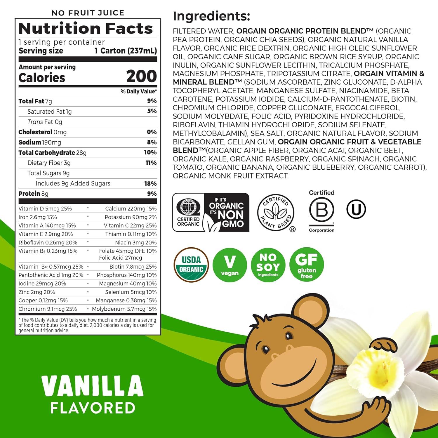 image:imageOrgain Organic Kids Nutritional Vegan Protein Shake Vanilla Healthy Kids Snacks 8g Plant Protein 3g Fiber 23 Vitamins amp Minerals No Dairy amp Soy Ingredients NonGMO 8 Fl Oz Pack of 12Plant Based Vanilla