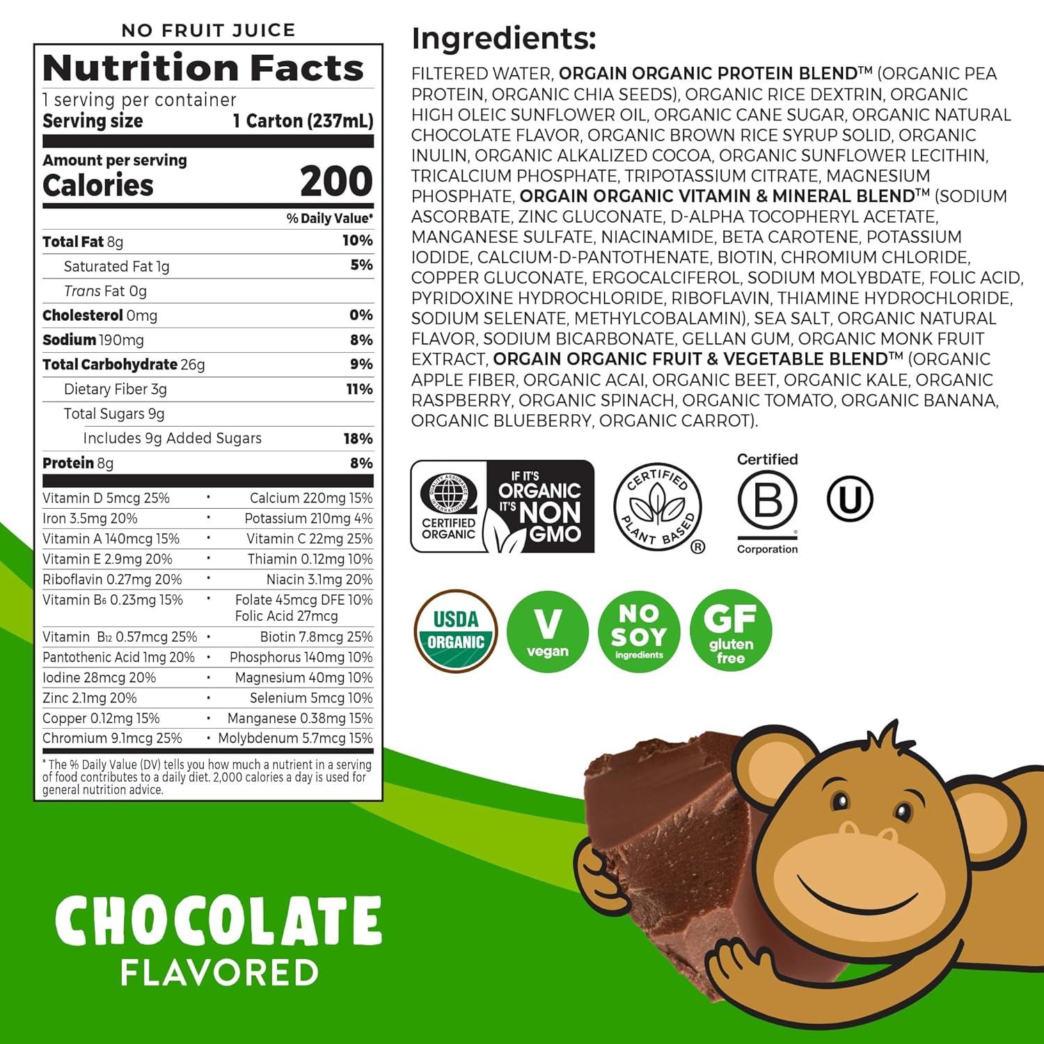 image:imageOrgain Organic Kids Nutritional Vegan Protein Shake Vanilla Healthy Kids Snacks 8g Plant Protein 3g Fiber 23 Vitamins amp Minerals No Dairy amp Soy Ingredients NonGMO 8 Fl Oz Pack of 12Plant Based Chocolate
