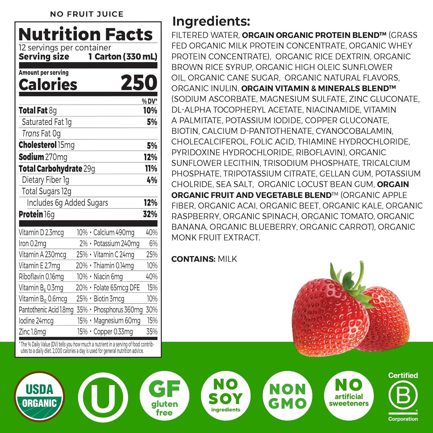 image:imageOrgain Organic Nutritional Protein Shake 16g Grass Fed Whey Protein Meal Replacement 20 Vitamins amp Minerals Fruits amp Vegetables Variety Pack Chocolate Vanilla Strawberry 11 Fl Oz 12 PackStrawberries Cream