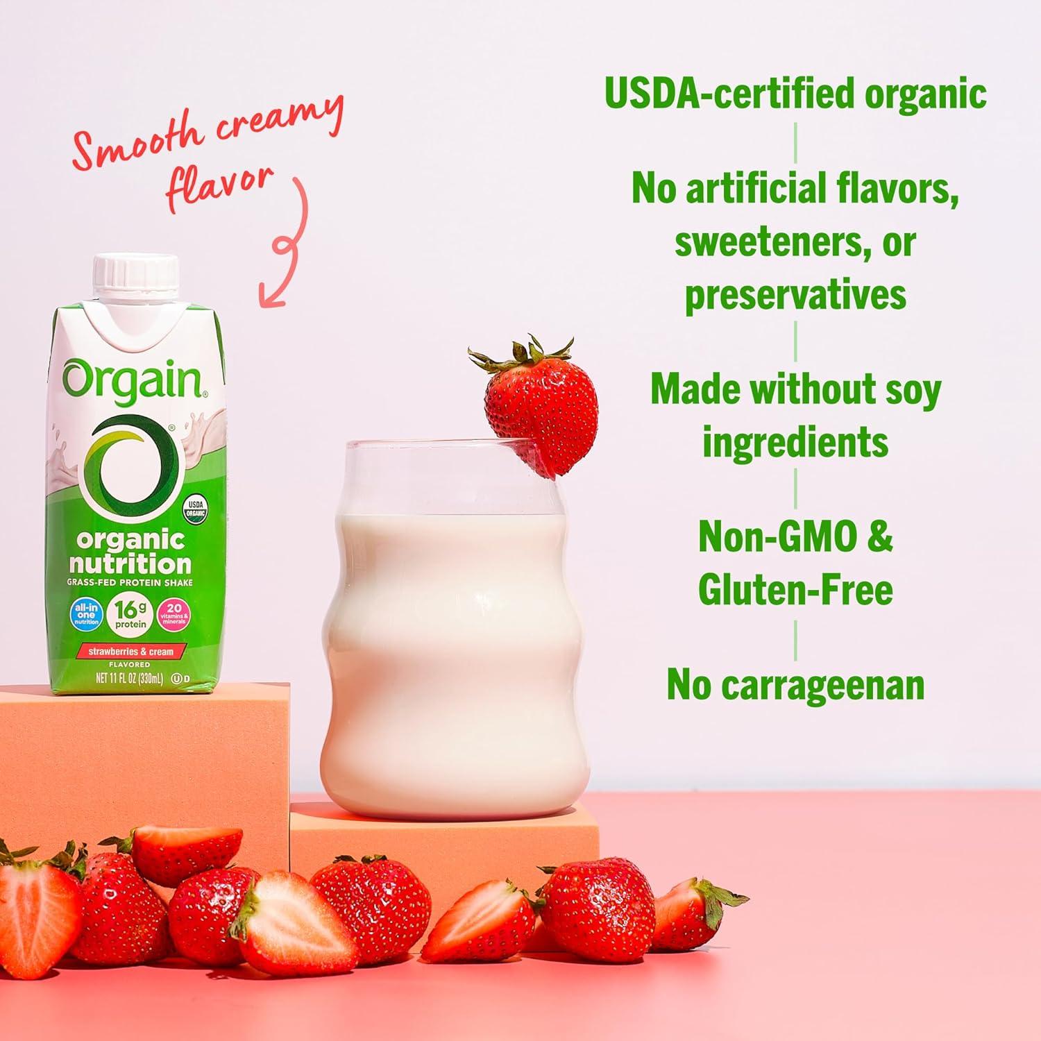image:imageOrgain Organic Nutritional Protein Shake 16g Grass Fed Whey Protein Meal Replacement 20 Vitamins amp Minerals Fruits amp Vegetables Variety Pack Chocolate Vanilla Strawberry 11 Fl Oz 12 PackStrawberries Cream
