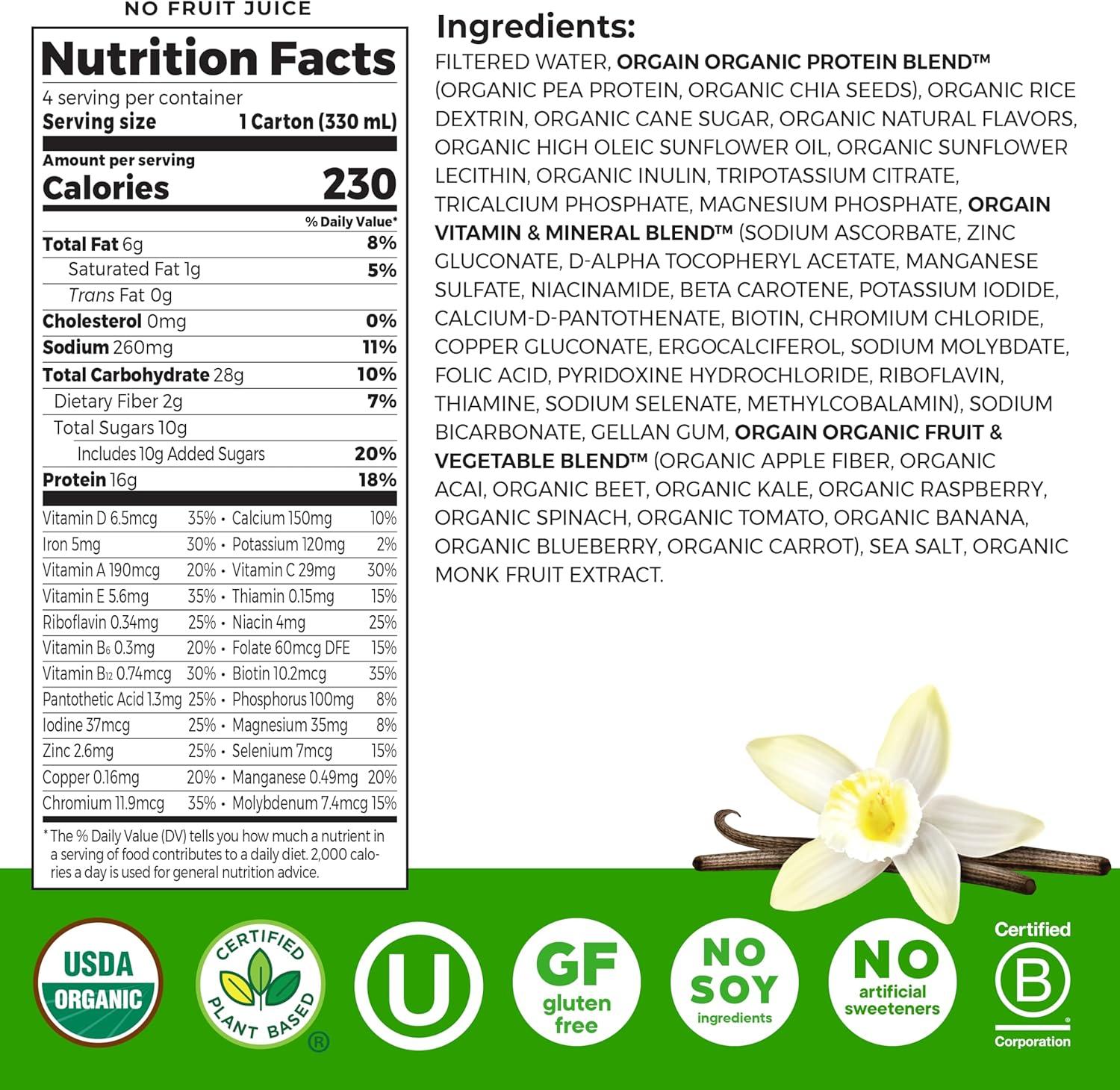 image:imageOrgain Organic Nutritional Vegan Protein Shake Smooth Chocolate 16g Plant Based Protein Meal Replacement 22 Vitamins amp Minerals Fruits amp Vegetables Gluten Free NonGMO 11 Fl Oz Pack of 4Vanilla
