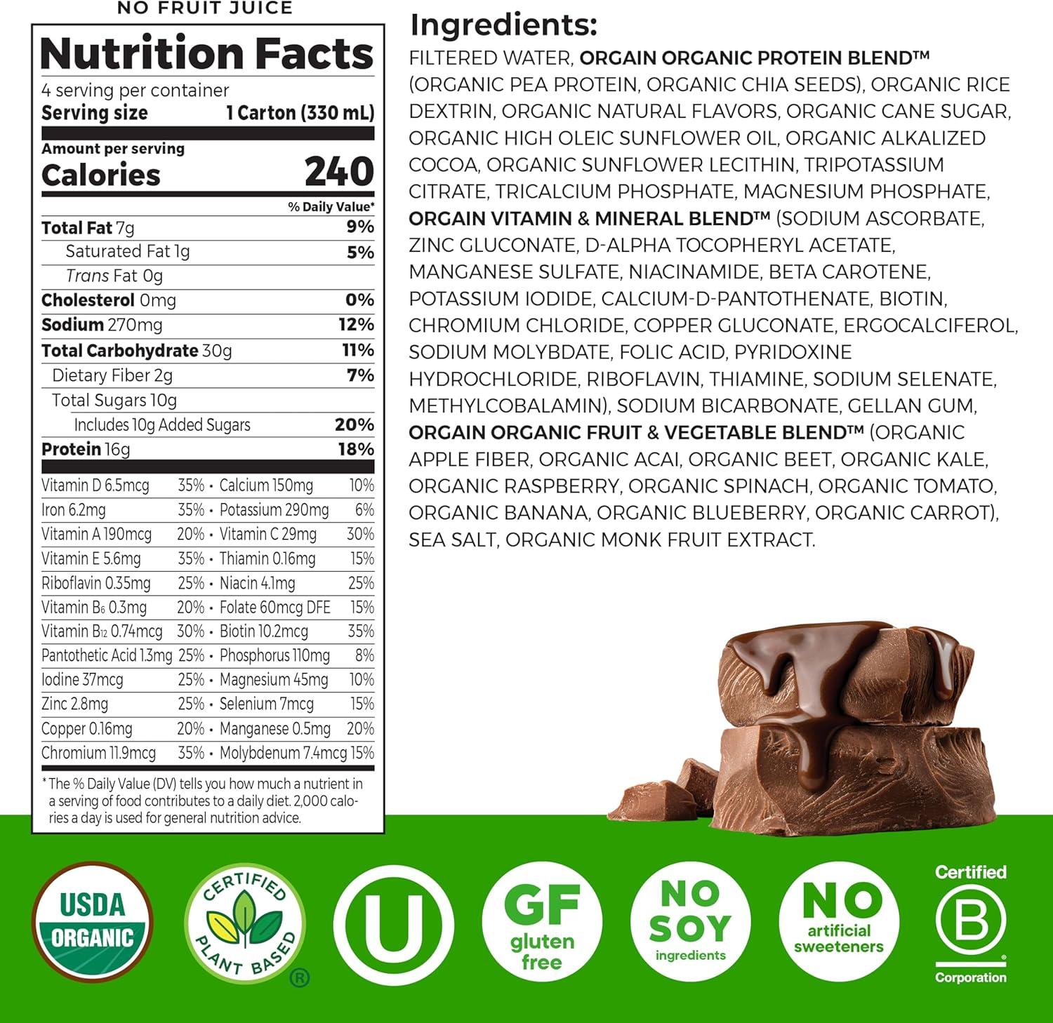 image:imageOrgain Organic Nutritional Vegan Protein Shake Smooth Chocolate 16g Plant Based Protein Meal Replacement 22 Vitamins amp Minerals Fruits amp Vegetables Gluten Free NonGMO 11 Fl Oz Pack of 4Chocolate