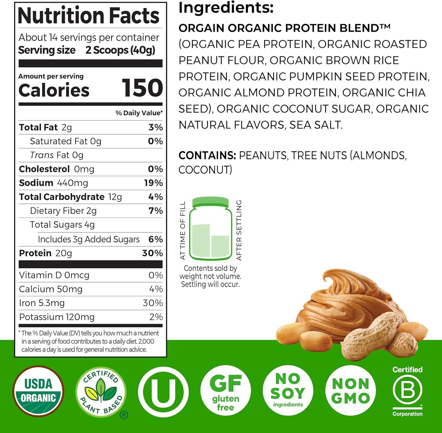image:imageOrgain Organic Simple Vegan Protein Powder Vanilla 20g Plant Based Protein Made with less Ingredients No Artificial Sweeteners Gluten Free No Dairy or Lactose 125 lb Packaging May VaryPeanut Butter