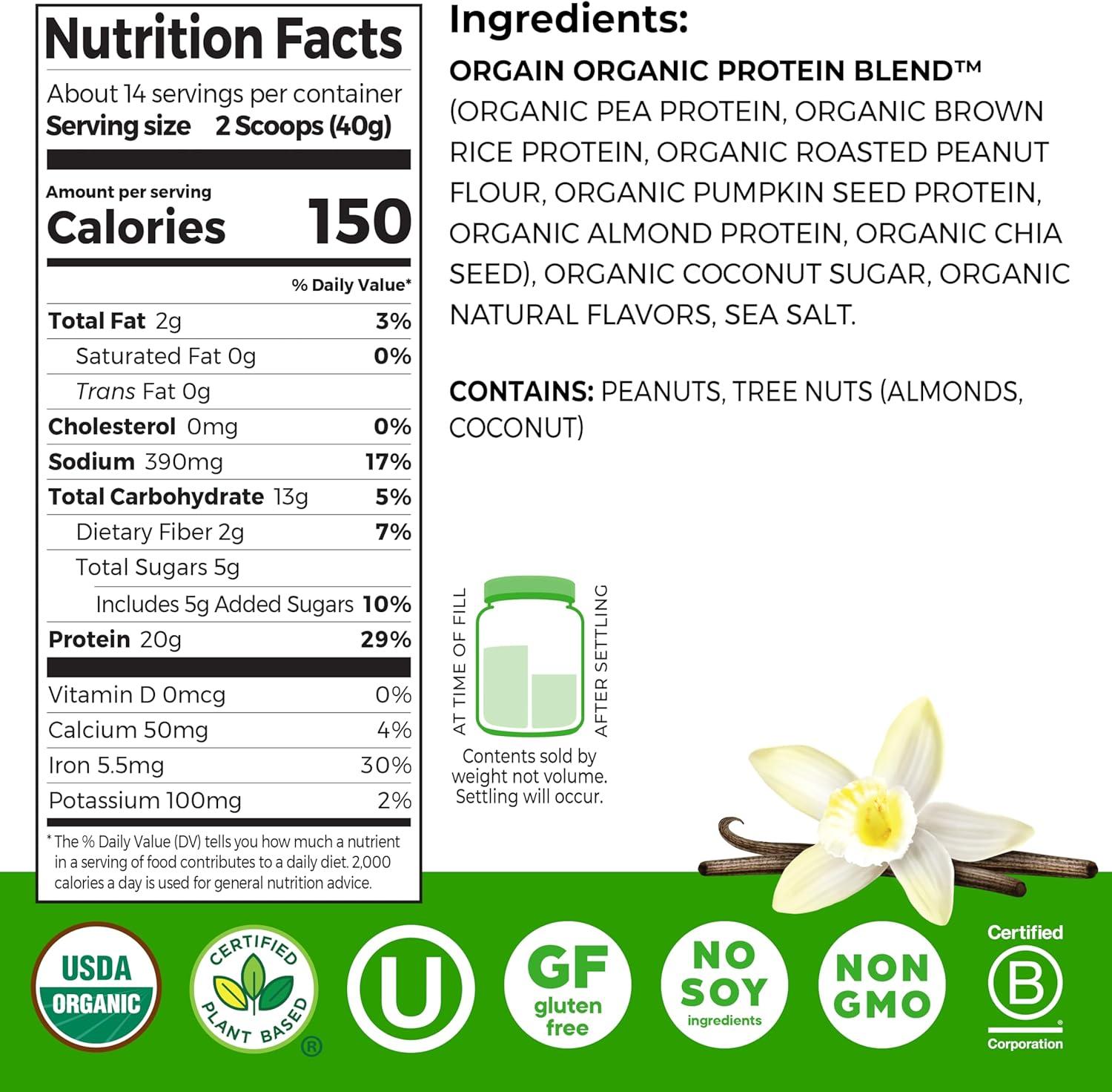 image:imageOrgain Organic Simple Vegan Protein Powder Vanilla 20g Plant Based Protein Made with less Ingredients No Artificial Sweeteners Gluten Free No Dairy or Lactose 125 lb Packaging May VaryVanilla