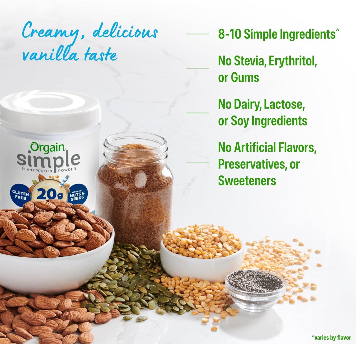image:imageOrgain Organic Simple Vegan Protein Powder Vanilla 20g Plant Based Protein Made with less Ingredients No Artificial Sweeteners Gluten Free No Dairy or Lactose 125 lb Packaging May VaryVanilla