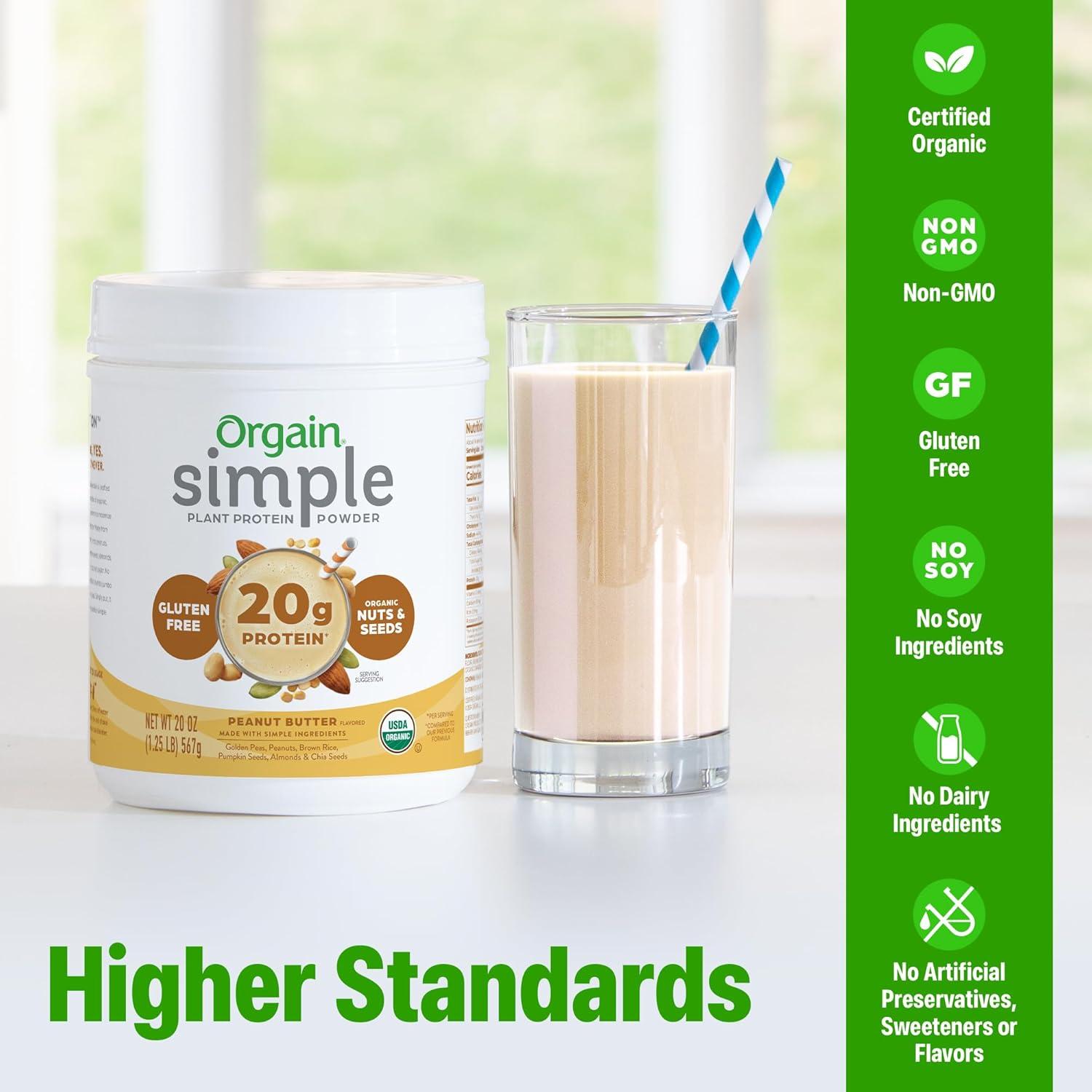 image:imageOrgain Organic Simple Vegan Protein Powder Vanilla 20g Plant Based Protein Made with less Ingredients No Artificial Sweeteners Gluten Free No Dairy or Lactose 125 lb Packaging May VaryPeanut Butter