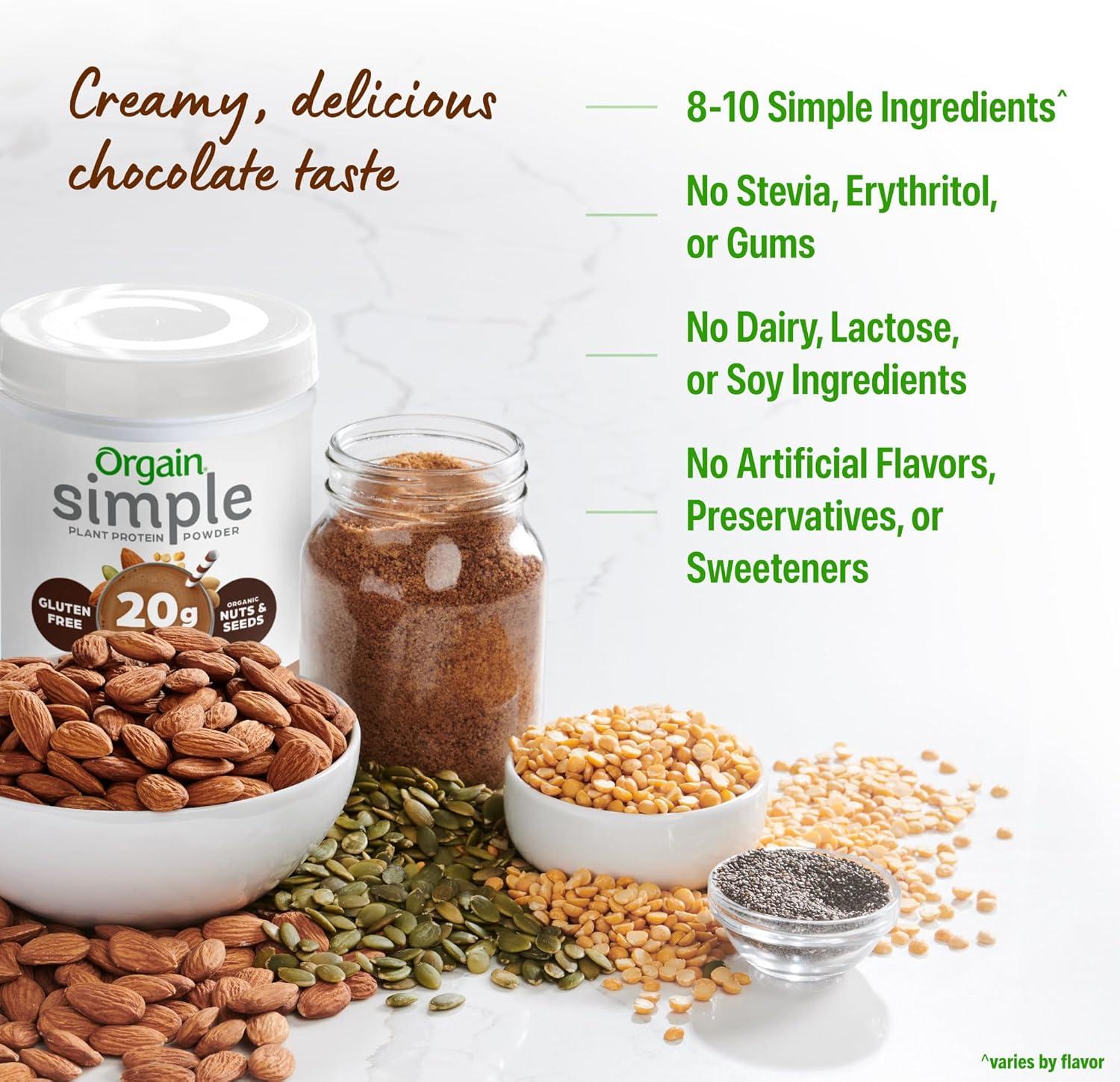 image:imageOrgain Organic Simple Vegan Protein Powder Vanilla 20g Plant Based Protein Made with less Ingredients No Artificial Sweeteners Gluten Free No Dairy or Lactose 125 lb Packaging May VaryChocolate