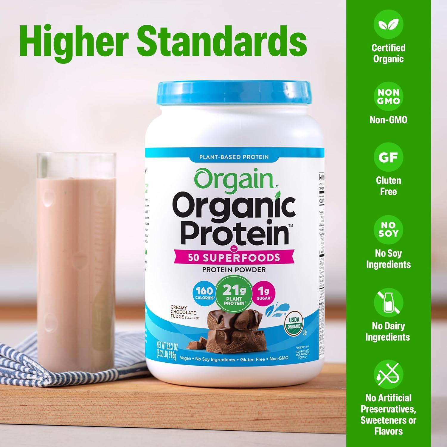 image:imageOrgain Organic Vegan Protein 50 Superfoods Powder Creamy Chocolate Fudge 21g Plant Based Protein 9g Prebiotic Fiber No Lactose Gluten Free No Added Sugar 202 lb Packaging May VaryCreamy Chocolate Fudge