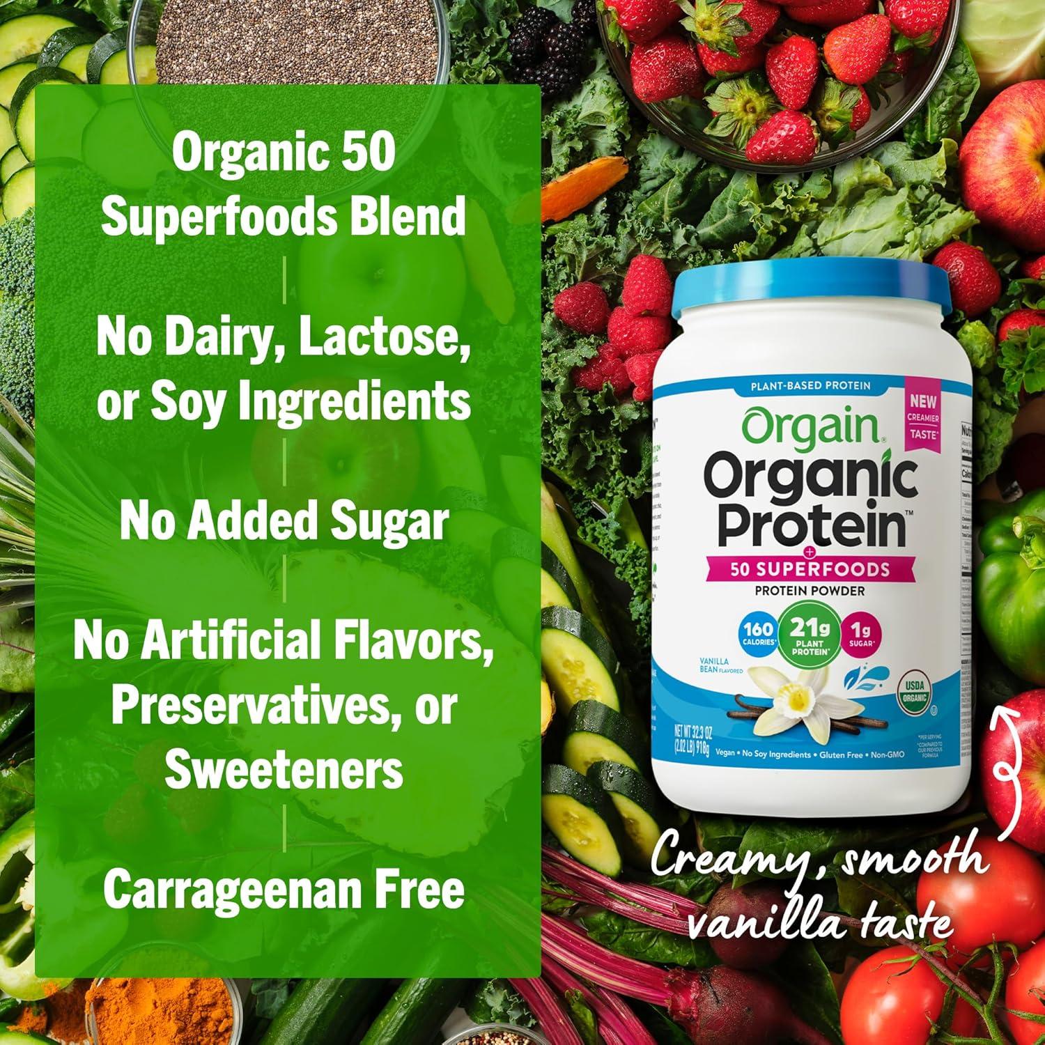 image:imageOrgain Organic Vegan Protein 50 Superfoods Powder Creamy Chocolate Fudge 21g Plant Based Protein 9g Prebiotic Fiber No Lactose Gluten Free No Added Sugar 202 lb Packaging May VaryVanilla