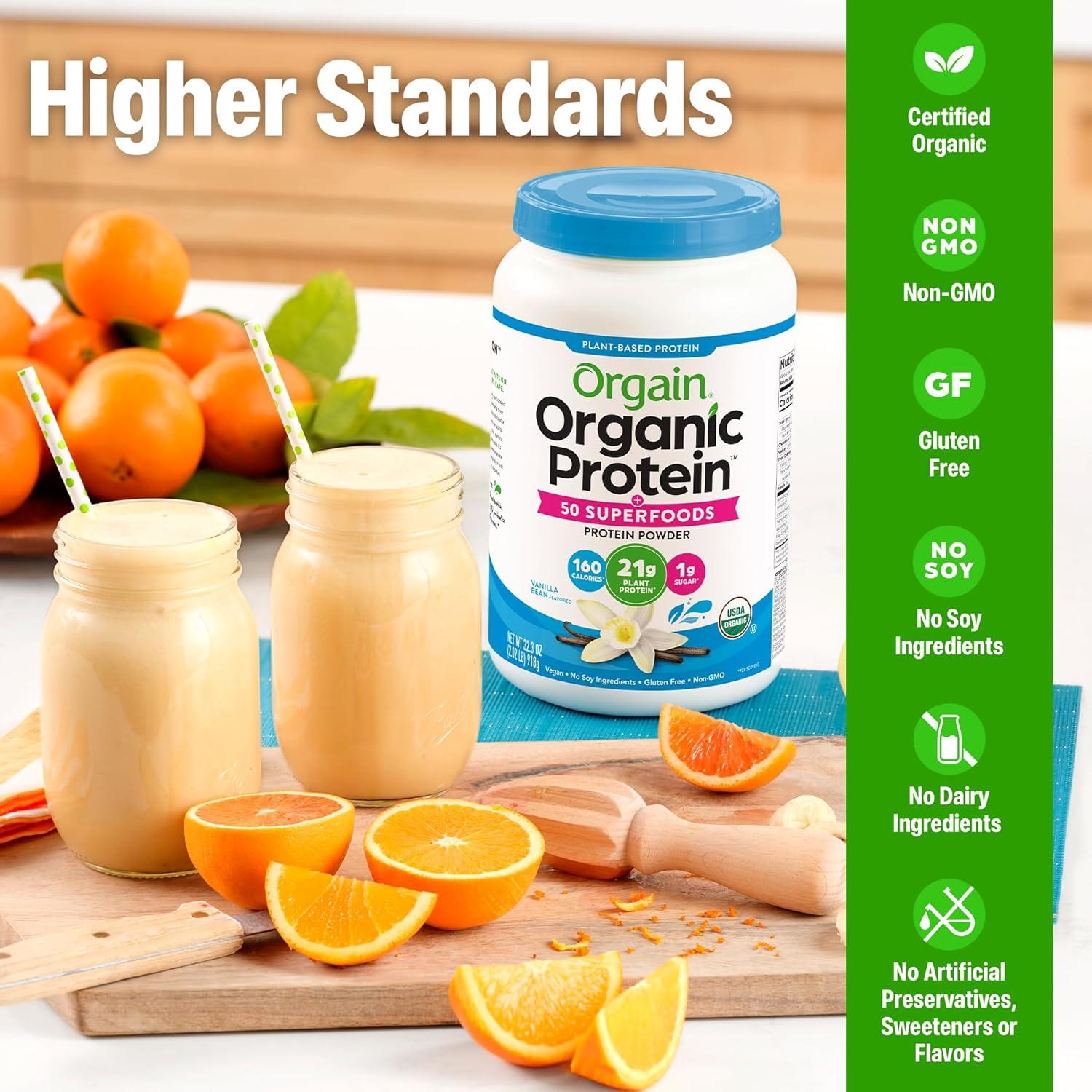 image:imageOrgain Organic Vegan Protein 50 Superfoods Powder Creamy Chocolate Fudge 21g Plant Based Protein 9g Prebiotic Fiber No Lactose Gluten Free No Added Sugar 202 lb Packaging May VaryVanilla