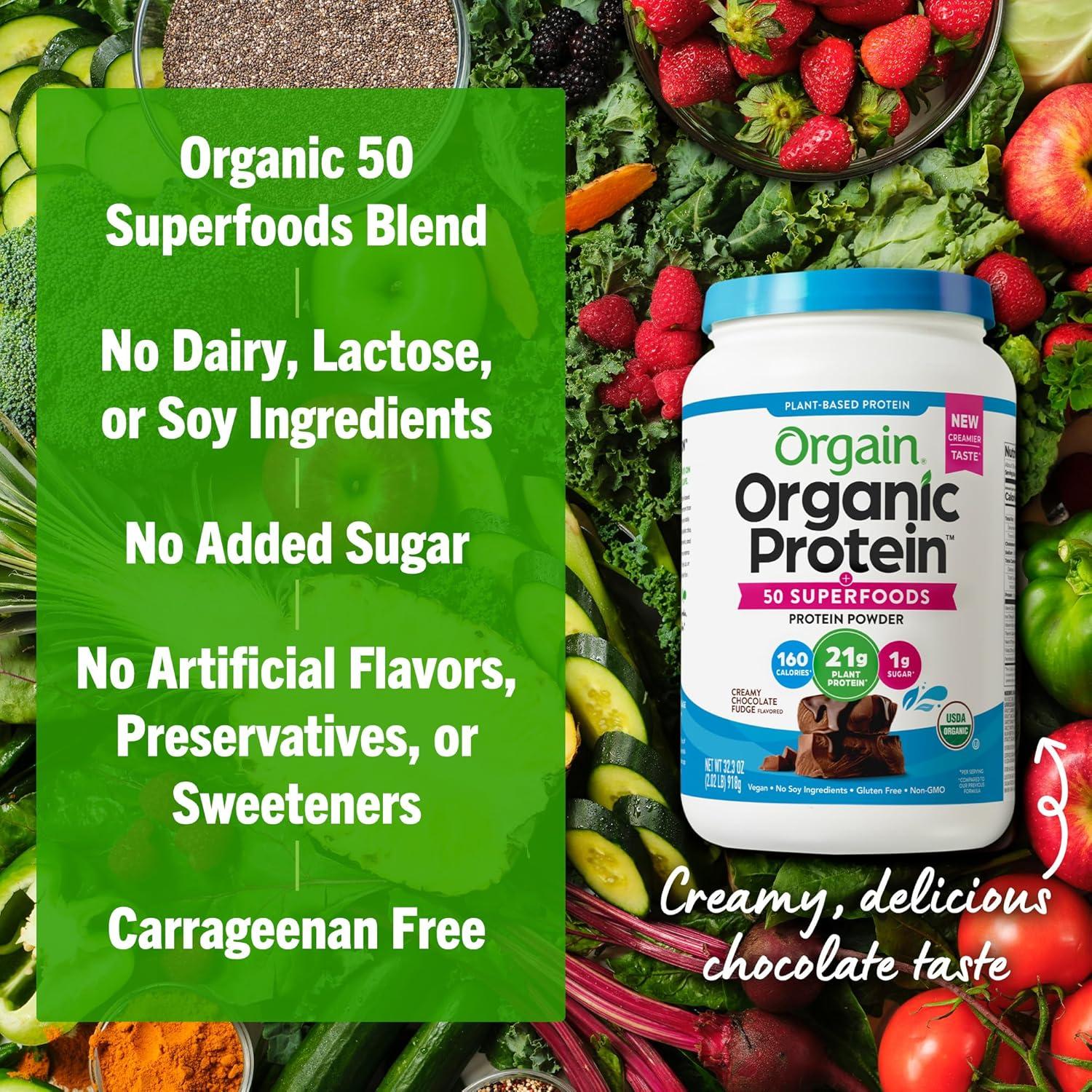 image:imageOrgain Organic Vegan Protein 50 Superfoods Powder Creamy Chocolate Fudge 21g Plant Based Protein 9g Prebiotic Fiber No Lactose Gluten Free No Added Sugar 202 lb Packaging May VaryCreamy Chocolate Fudge