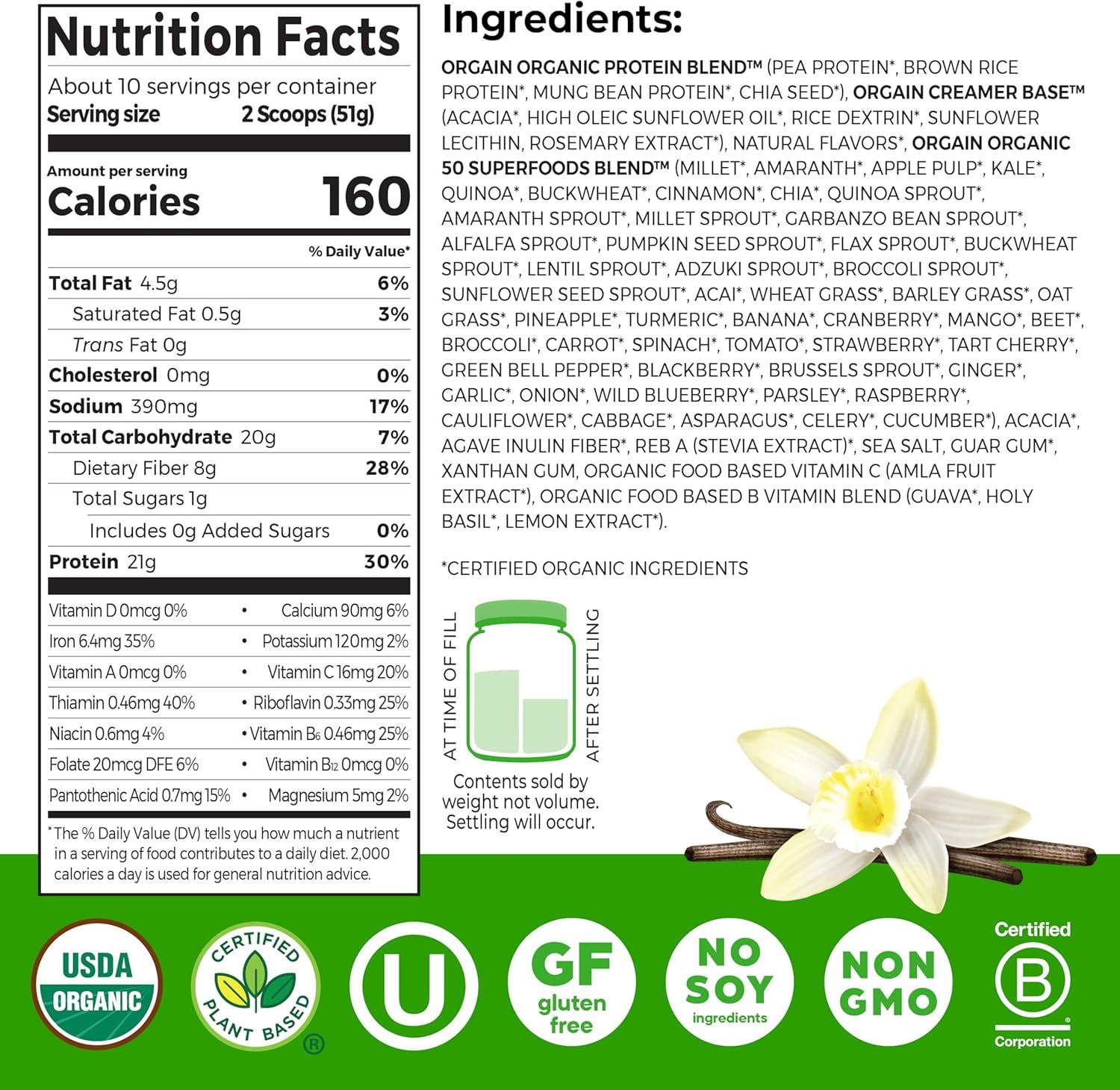 image:imageOrgain Organic Vegan Protein 50 Superfoods Powder Vanilla Bean 21g Plant Based Protein 8g Prebiotic Fiber No Lactose Ingredients Gluten Free No Added Sugar 112 lb Packaging May VaryVanilla Bean