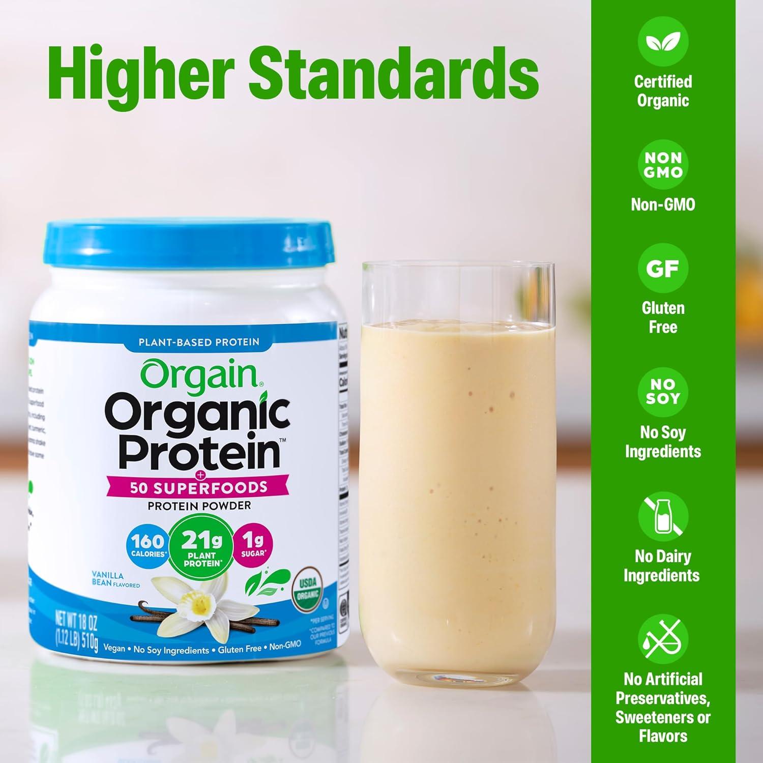 image:imageOrgain Organic Vegan Protein 50 Superfoods Powder Vanilla Bean 21g Plant Based Protein 8g Prebiotic Fiber No Lactose Ingredients Gluten Free No Added Sugar 112 lb Packaging May VaryVanilla Bean