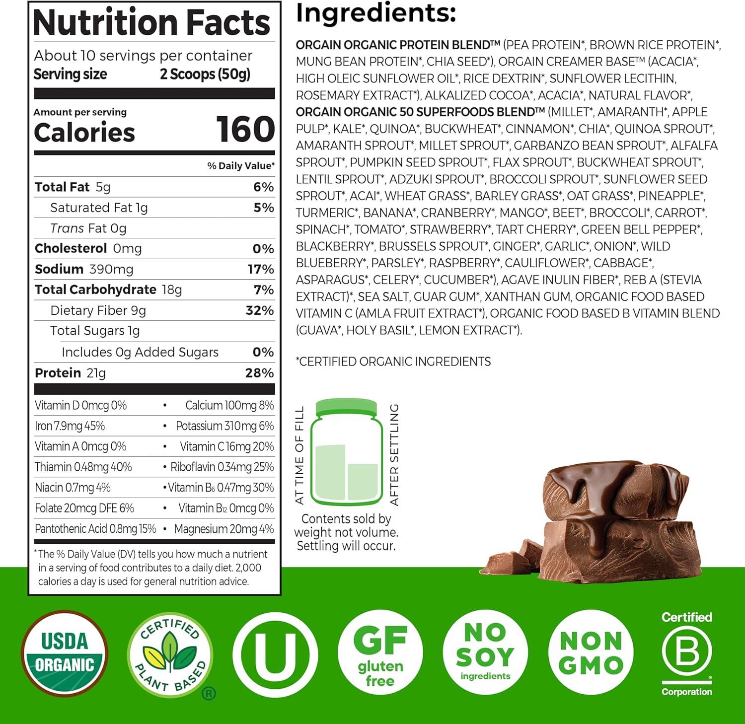 image:imageOrgain Organic Vegan Protein 50 Superfoods Powder Vanilla Bean 21g Plant Based Protein 8g Prebiotic Fiber No Lactose Ingredients Gluten Free No Added Sugar 112 lb Packaging May VaryCreamy Chocolate Fudge