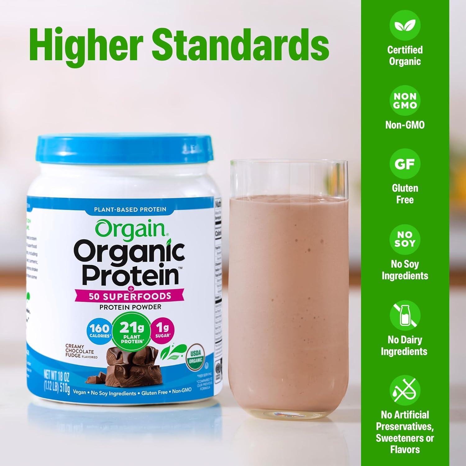 image:imageOrgain Organic Vegan Protein 50 Superfoods Powder Vanilla Bean 21g Plant Based Protein 8g Prebiotic Fiber No Lactose Ingredients Gluten Free No Added Sugar 112 lb Packaging May VaryCreamy Chocolate Fudge