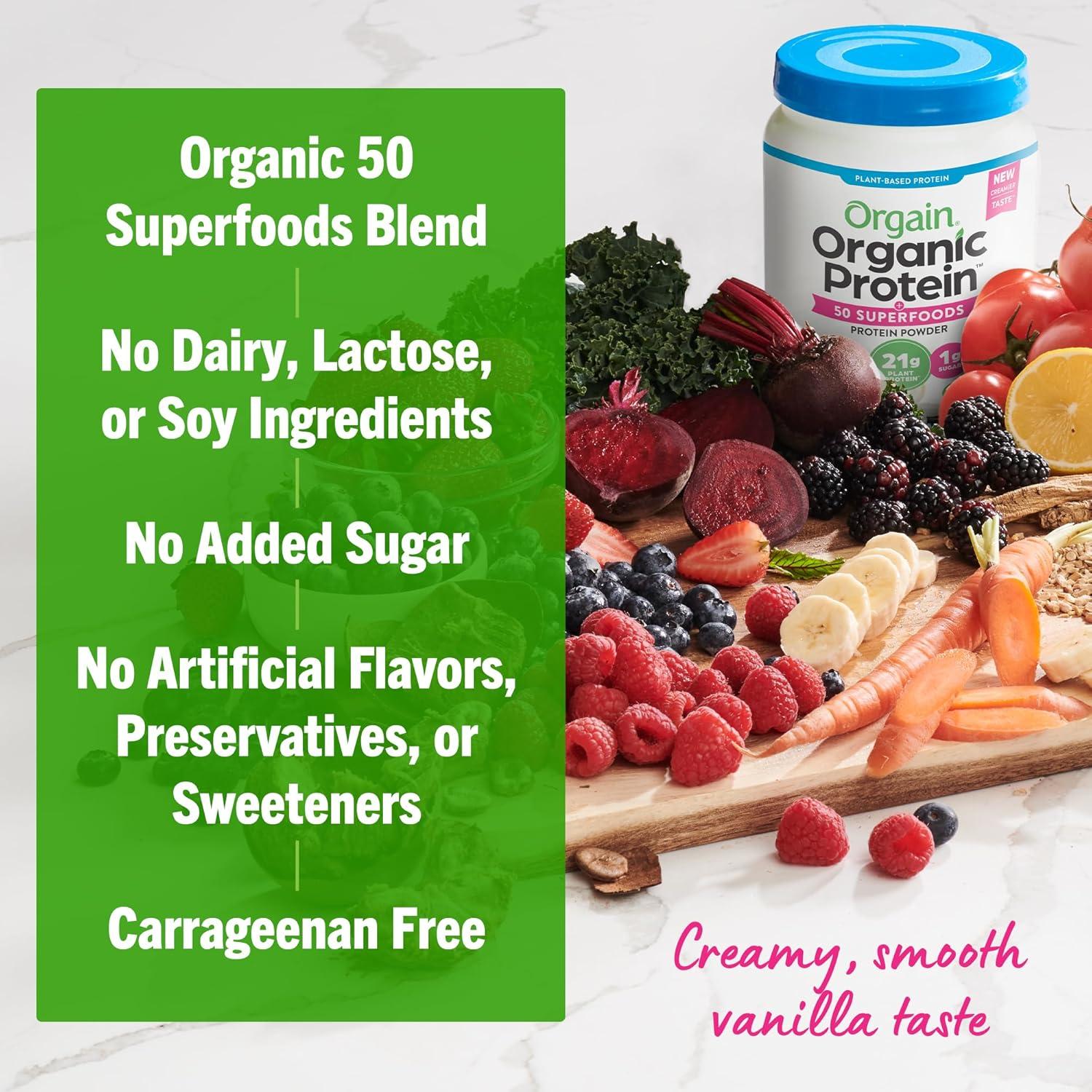 image:imageOrgain Organic Vegan Protein 50 Superfoods Powder Vanilla Bean 21g Plant Based Protein 8g Prebiotic Fiber No Lactose Ingredients Gluten Free No Added Sugar 112 lb Packaging May VaryVanilla Bean