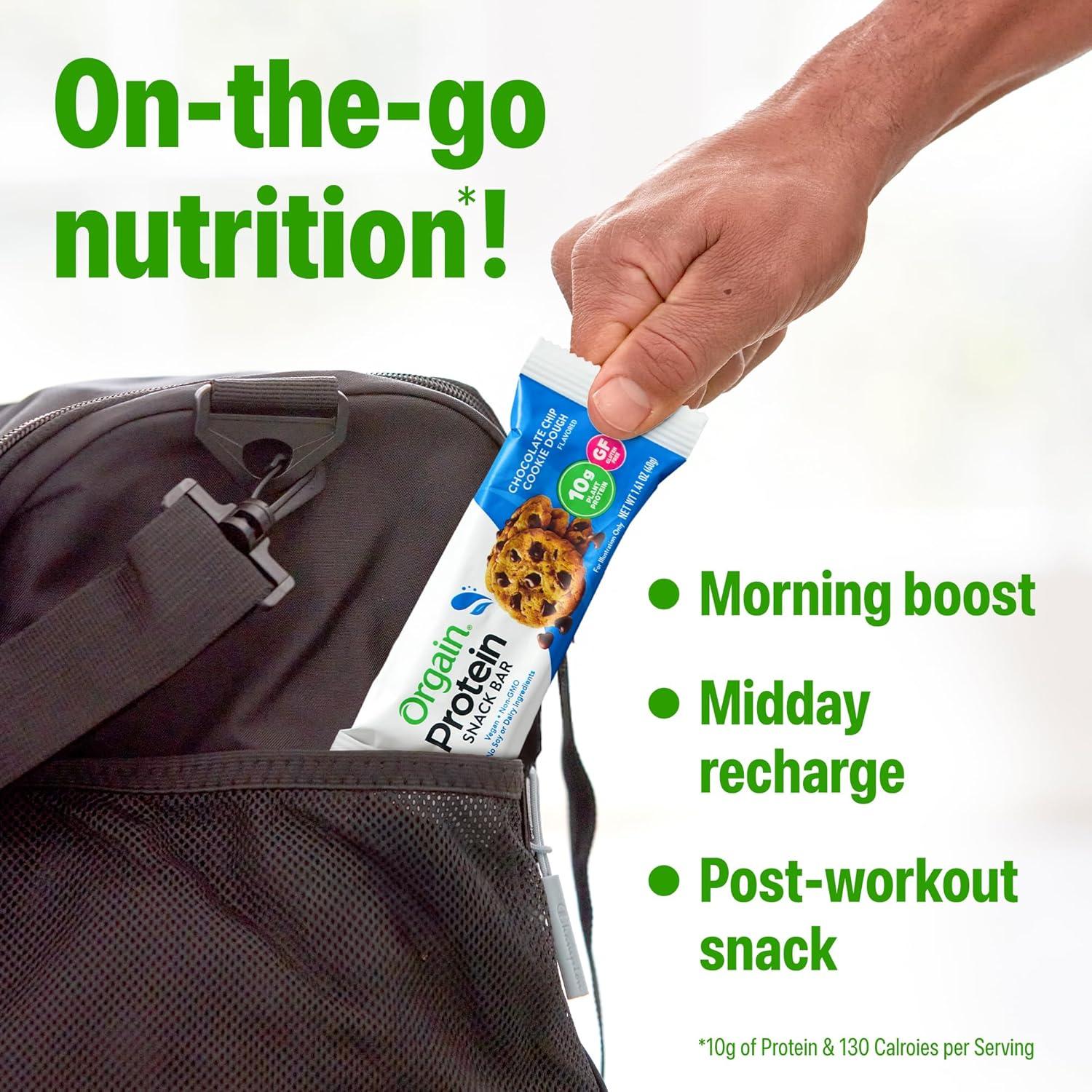 image:imageOrgain Organic Vegan Protein Bars Chocolate Chip Cookie Dough 10g Plant Based Protein Low Calorie Healthy Snacks No Lactose or Soy Ingredients Gluten Free NonGMO 141 Oz Pack of 12Chocolate Chip Cookie Dough