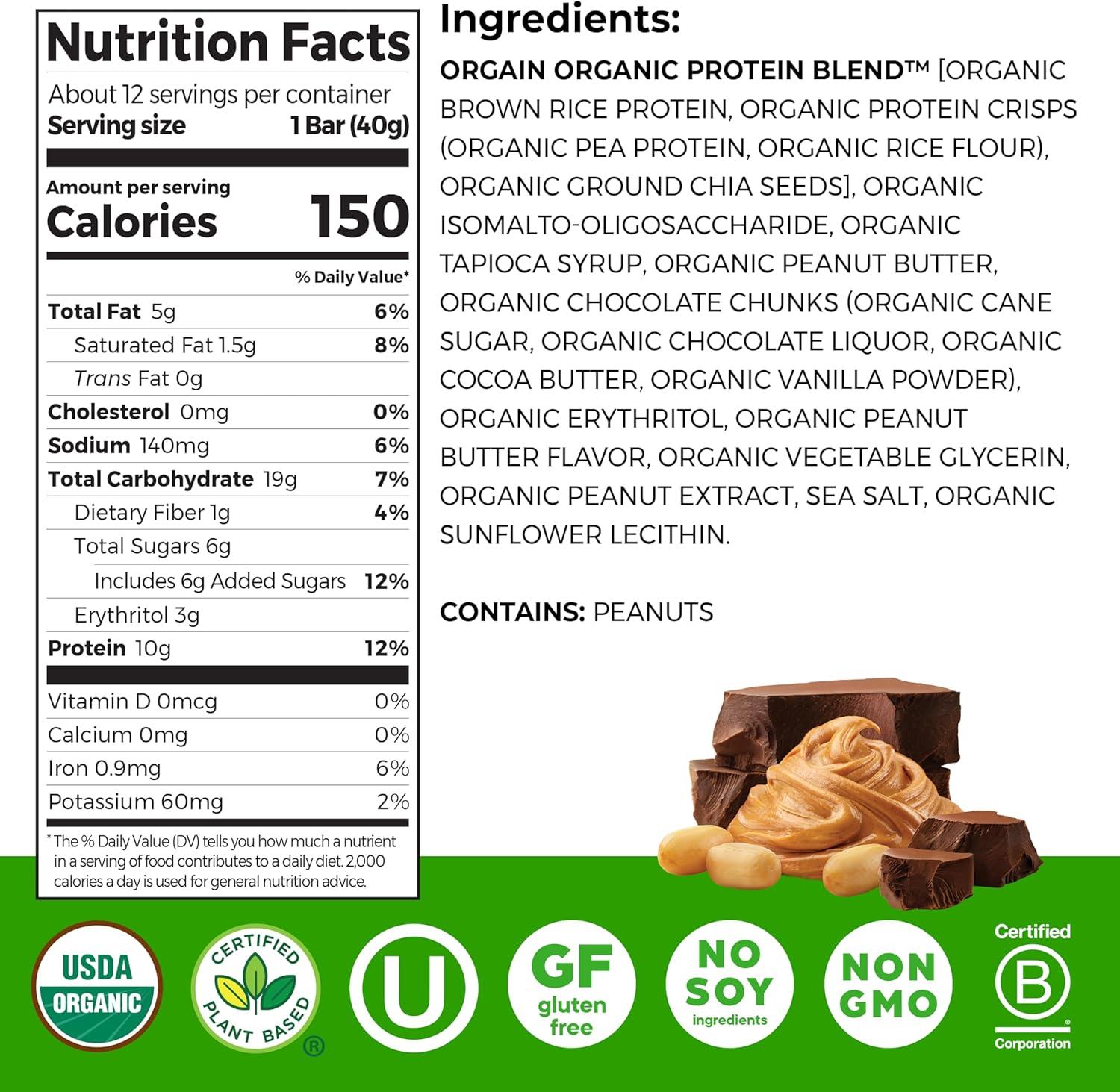 image:imageOrgain Organic Vegan Protein Bars Chocolate Chip Cookie Dough 10g Plant Based Protein Low Calorie Healthy Snacks No Lactose or Soy Ingredients Gluten Free NonGMO 141 Oz Pack of 12Peanut Butter Chocolate Chunk