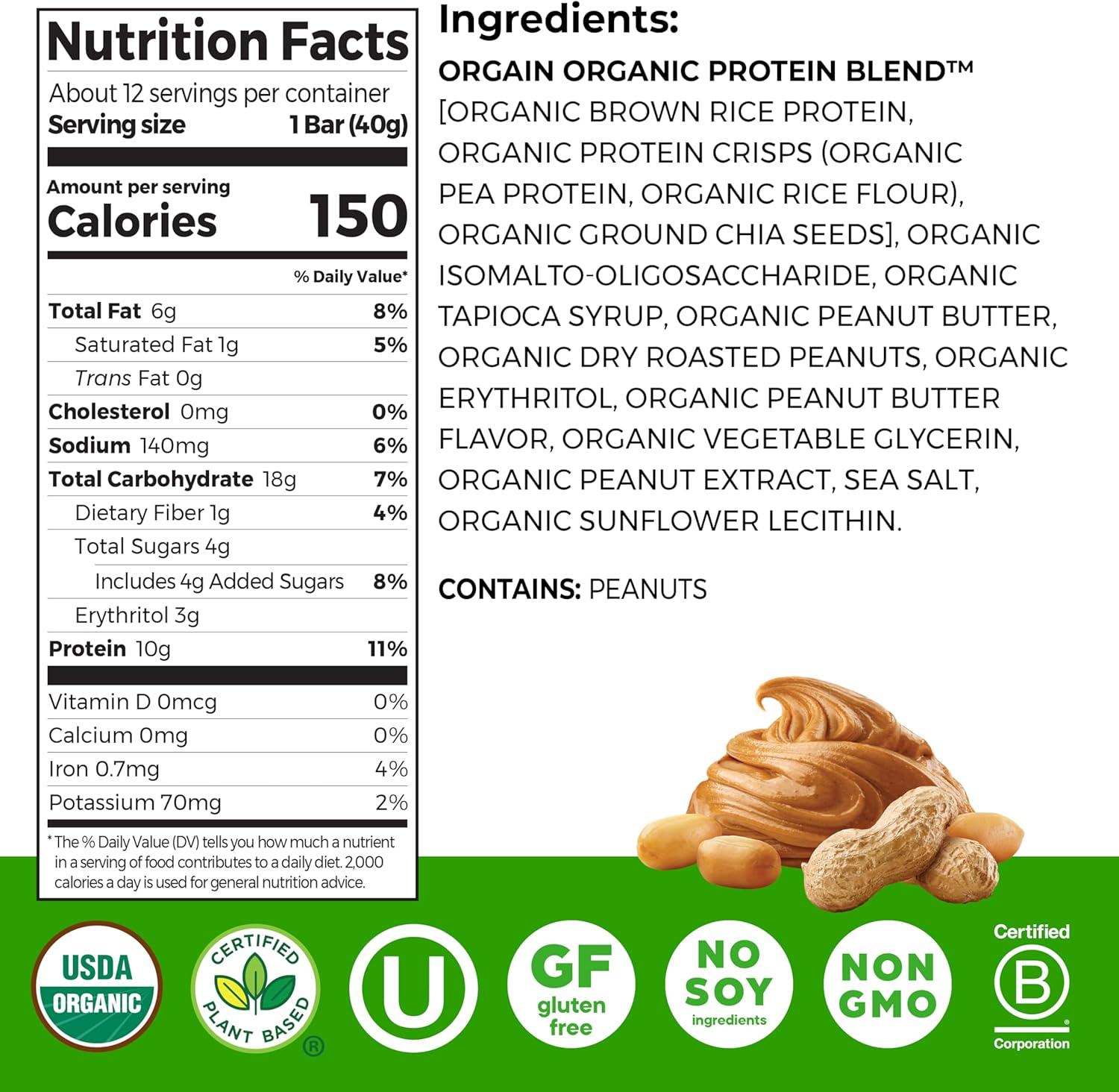 image:imageOrgain Organic Vegan Protein Bars Chocolate Chip Cookie Dough 10g Plant Based Protein Low Calorie Healthy Snacks No Lactose or Soy Ingredients Gluten Free NonGMO 141 Oz Pack of 12Peanut Butter