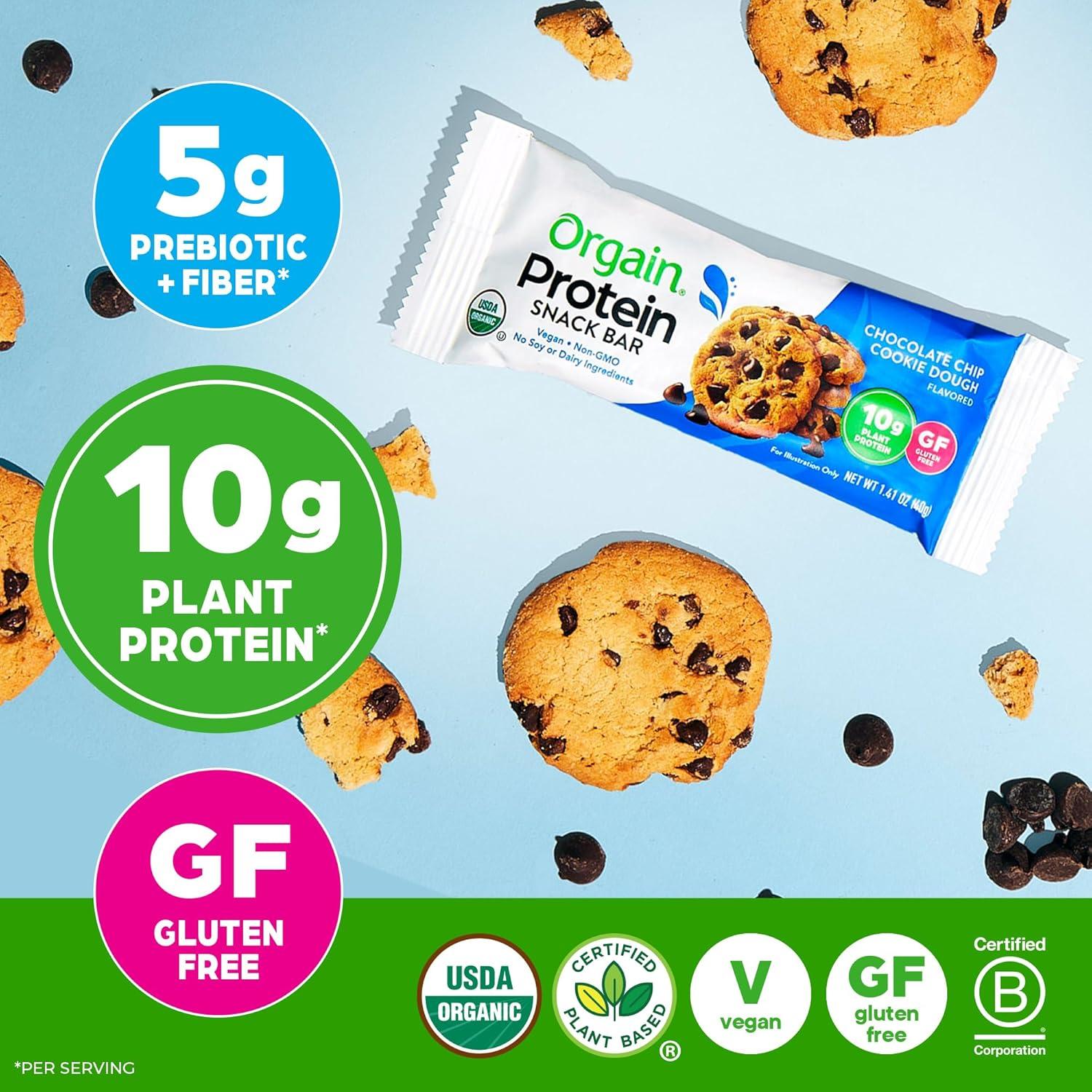image:imageOrgain Organic Vegan Protein Bars Chocolate Chip Cookie Dough 10g Plant Based Protein Low Calorie Healthy Snacks No Lactose or Soy Ingredients Gluten Free NonGMO 141 Oz Pack of 12Chocolate Chip Cookie Dough