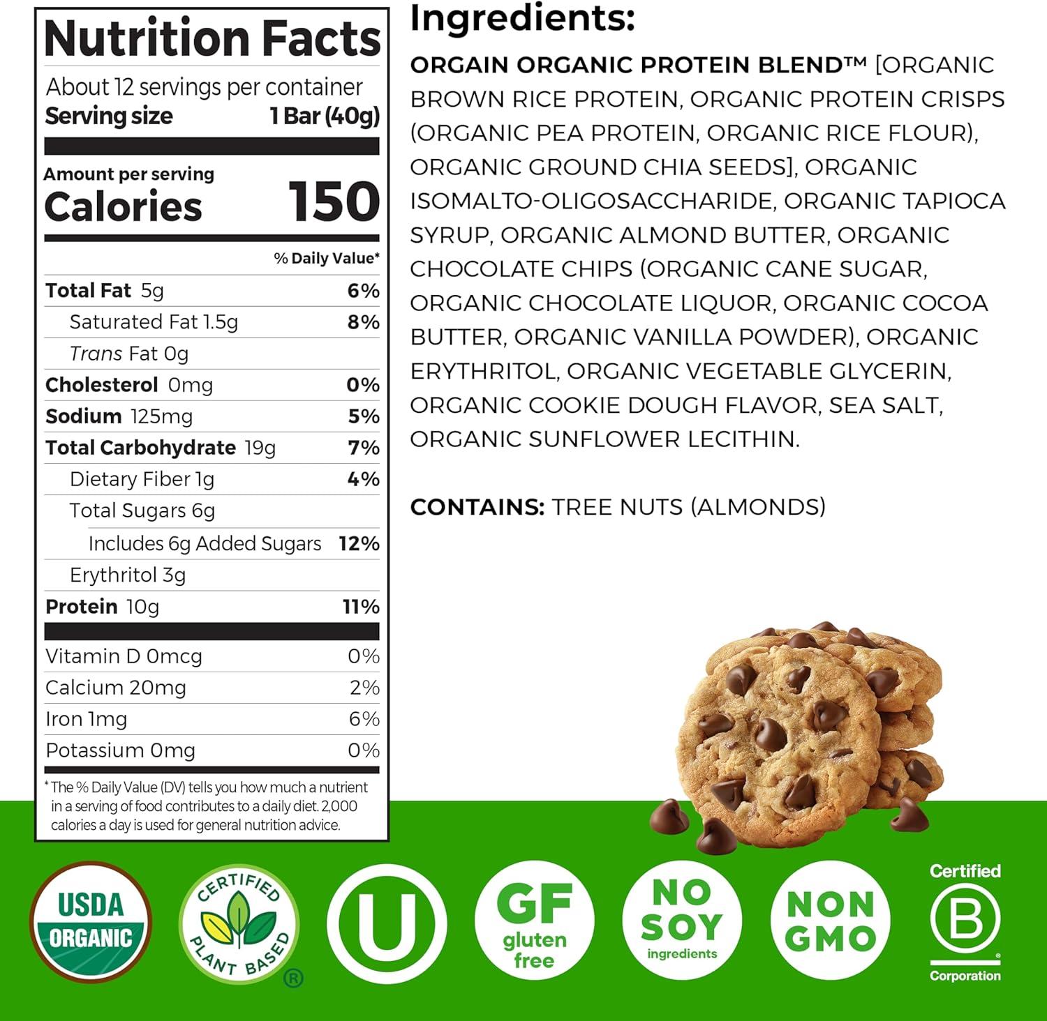 image:imageOrgain Organic Vegan Protein Bars Chocolate Chip Cookie Dough 10g Plant Based Protein Low Calorie Healthy Snacks No Lactose or Soy Ingredients Gluten Free NonGMO 141 Oz Pack of 12Chocolate Chip Cookie Dough