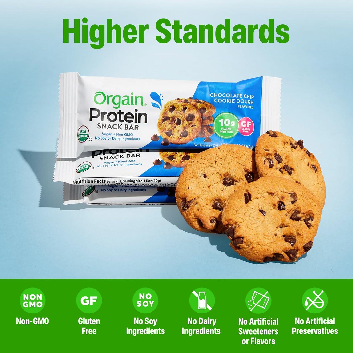 image:imageOrgain Organic Vegan Protein Bars Chocolate Chip Cookie Dough 10g Plant Based Protein Low Calorie Healthy Snacks No Lactose or Soy Ingredients Gluten Free NonGMO 141 Oz Pack of 12Chocolate Chip Cookie Dough