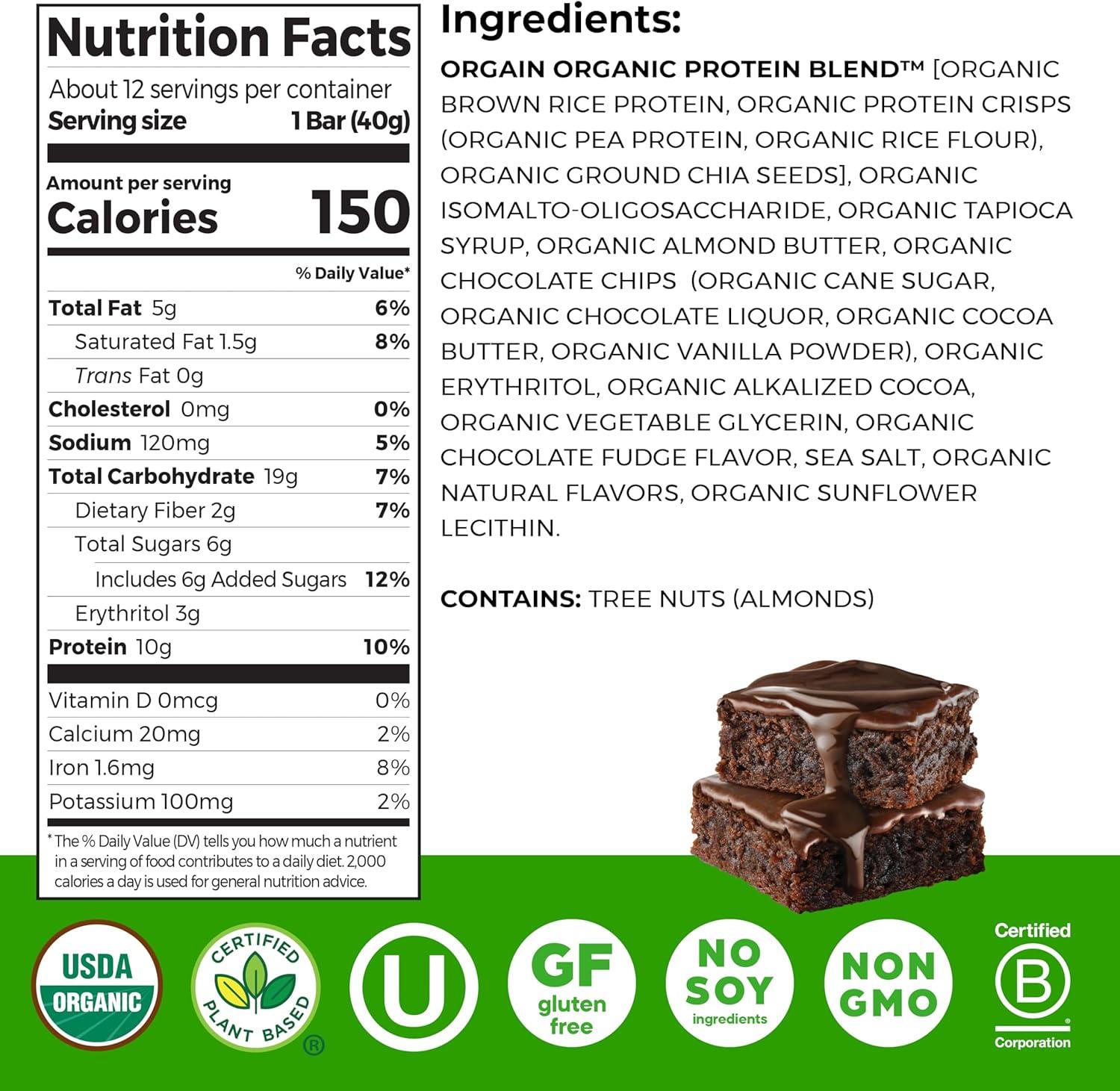 image:imageOrgain Organic Vegan Protein Bars Chocolate Chip Cookie Dough 10g Plant Based Protein Low Calorie Healthy Snacks No Lactose or Soy Ingredients Gluten Free NonGMO 141 Oz Pack of 12Chocolate Brownie