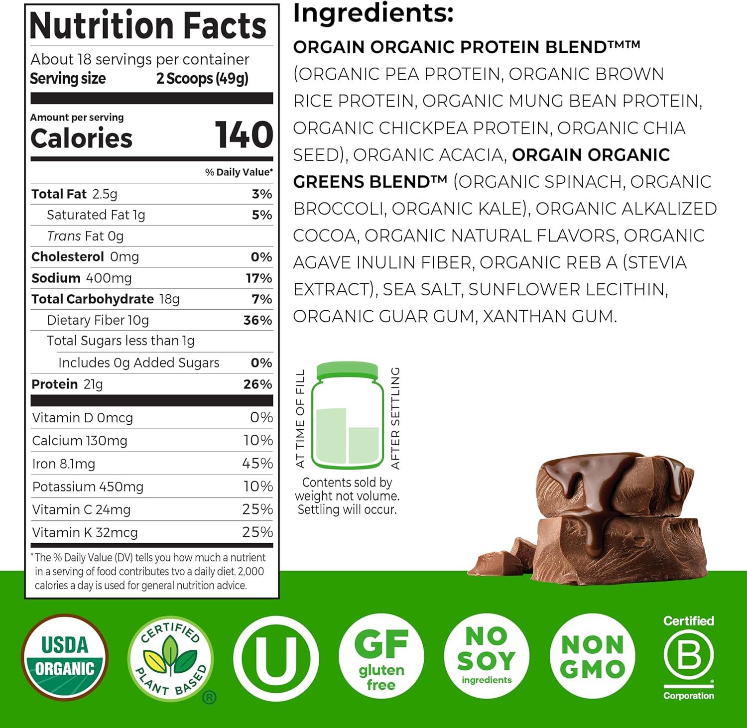 image:imageOrgain Organic Vegan Protein Powder Greens Creamy Chocolate Fudge 21g Plant Based Protein Gluten Free Dairy amp Lactose Free Soy Free No Sugar Added Iron amp Prebiotics for Gut Health 194lbCreamy Chocolate Fudge