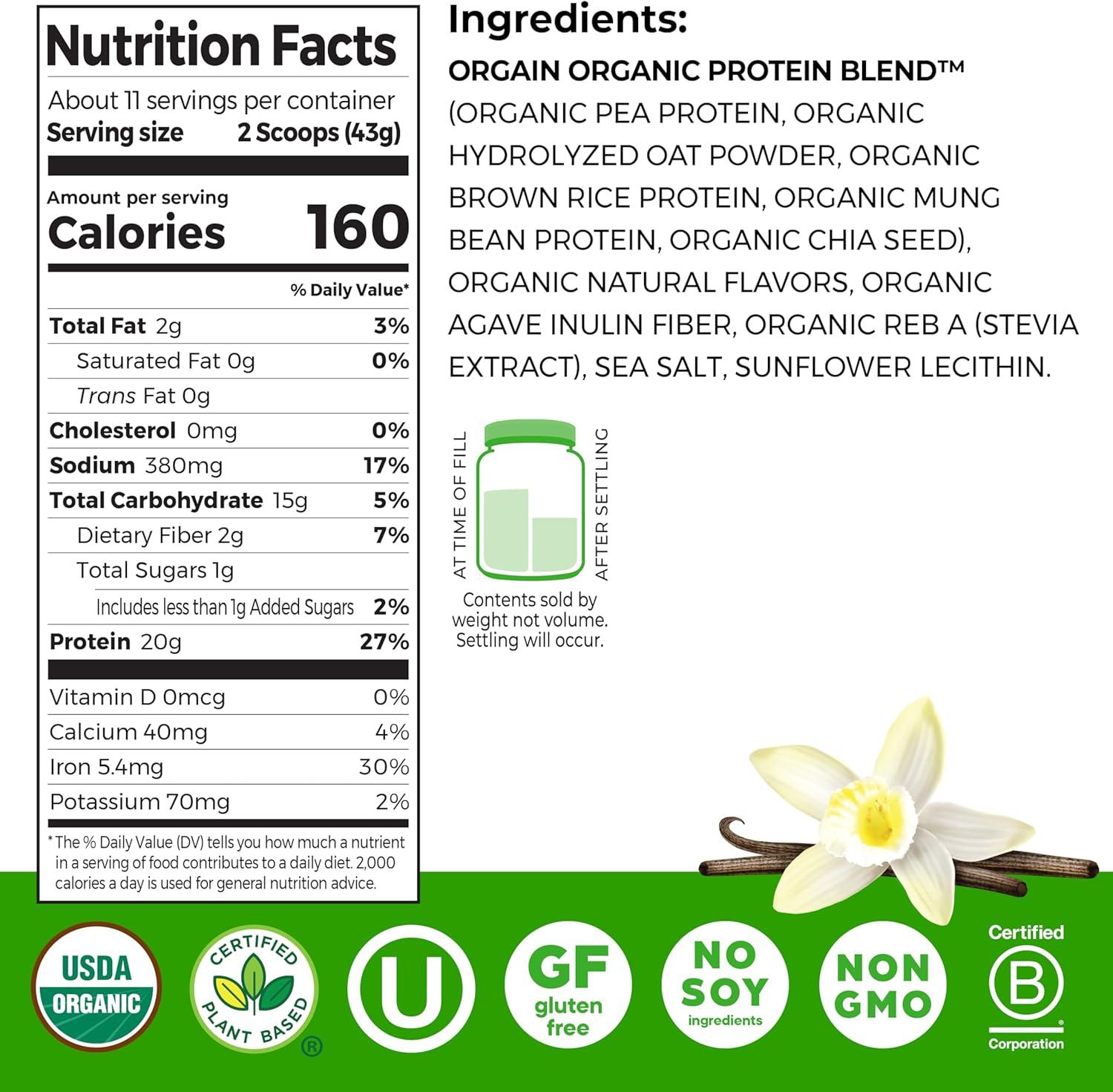 image:imageOrgain Organic Vegan Protein Powder Oat Milk Vanilla Bean 20g Plant Based Protein Gluten Free No Dairy Soy or Lactose Ingredients Low Sugar NonGMO Kosher For Shakes amp Smoothies 105lbVanilla Bean