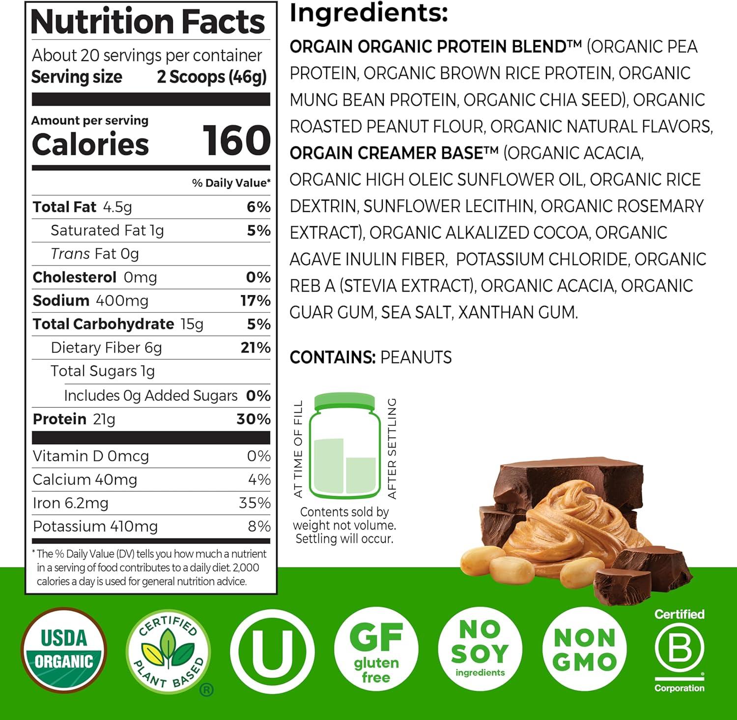 image:imageOrgain Organic Vegan Protein Powder Chocolate Peanut Butter 21g Plant Protein 6g Prebiotic Fiber Low Net Carb No Lactose Ingredients No Added Sugar NonGMO For Shakes amp Smoothies 203 lbChocolate Peanut Butter