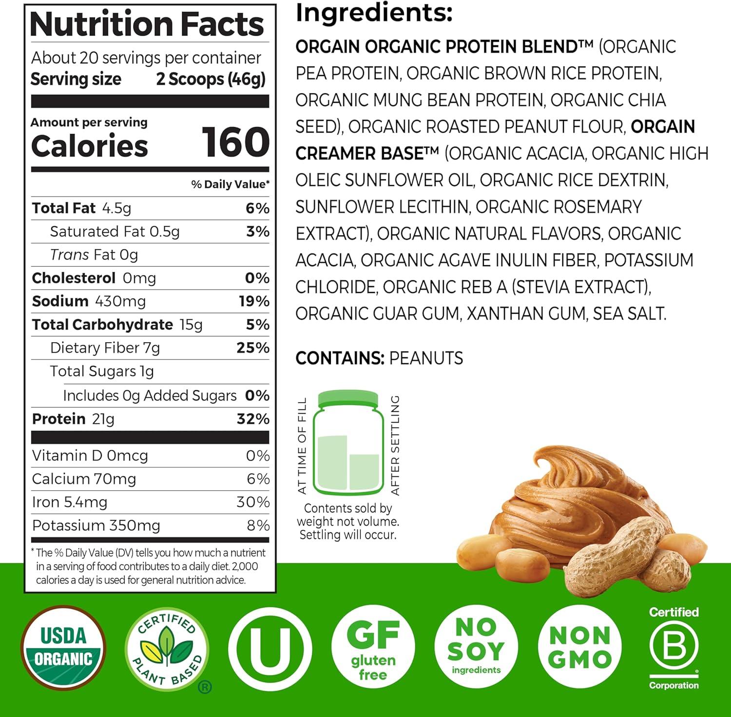 image:imageOrgain Organic Vegan Protein Powder Chocolate Peanut Butter 21g Plant Protein 6g Prebiotic Fiber Low Net Carb No Lactose Ingredients No Added Sugar NonGMO For Shakes amp Smoothies 203 lbPeanut Butter Flavored