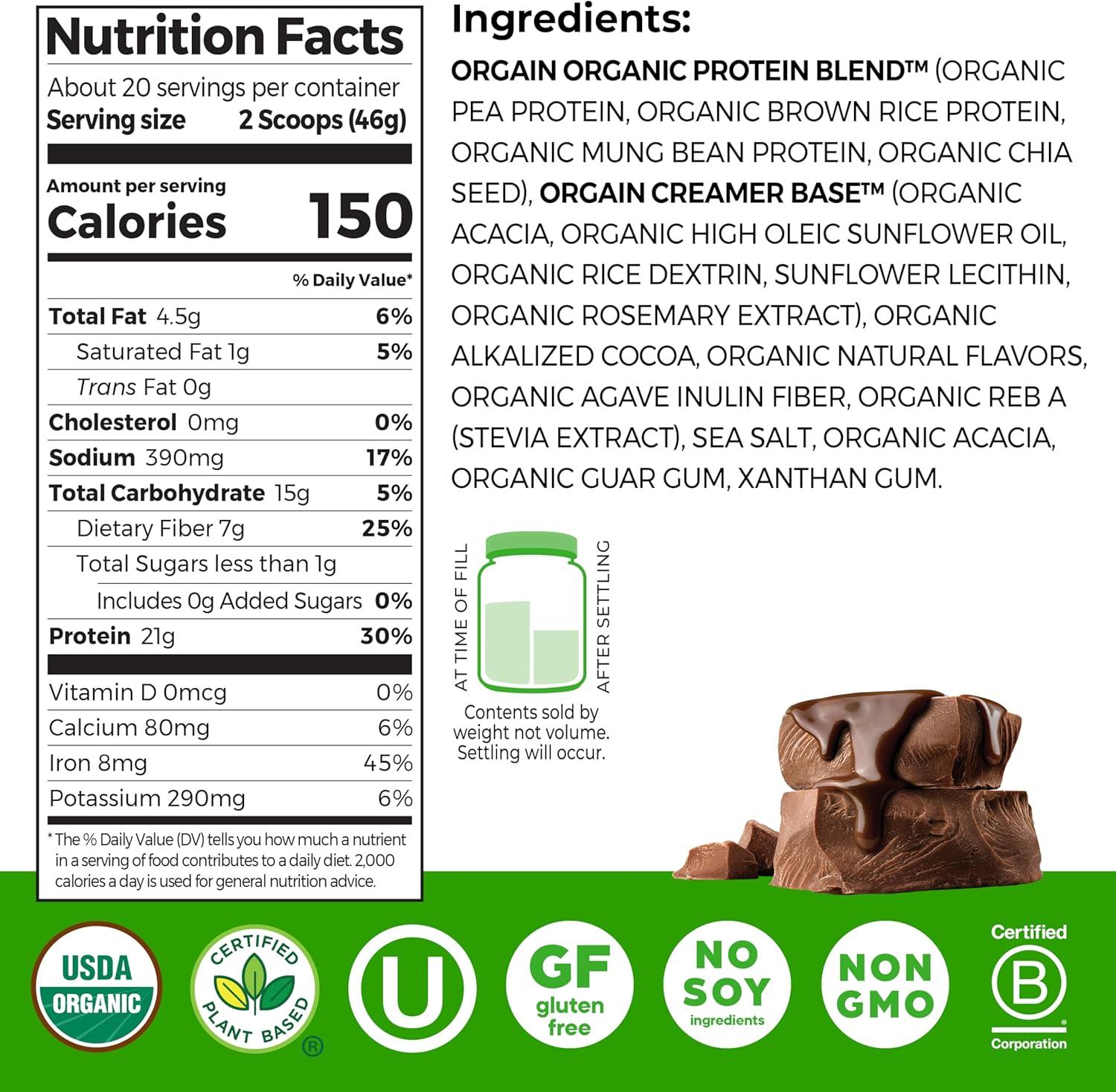 image:imageOrgain Organic Vegan Protein Powder Cookies amp Cream 21g Plant Based Protein 7g Prebiotic Fiber Low Net Carb No Lactose Ingredients No Added Sugar NonGMO For Shakes amp Smoothies 203 lbCreamy Chocolate Fudge