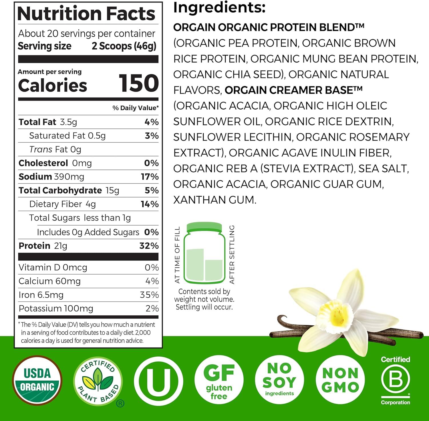 image:imageOrgain Organic Vegan Protein Powder Strawberries amp Cream 21g Plant Based Protein 4g Prebiotic Fiber Low Net Carb No Lactose Ingredients No Added Sugar NonGMO For Shakes amp Smoothies 203 lbVanilla Bean
